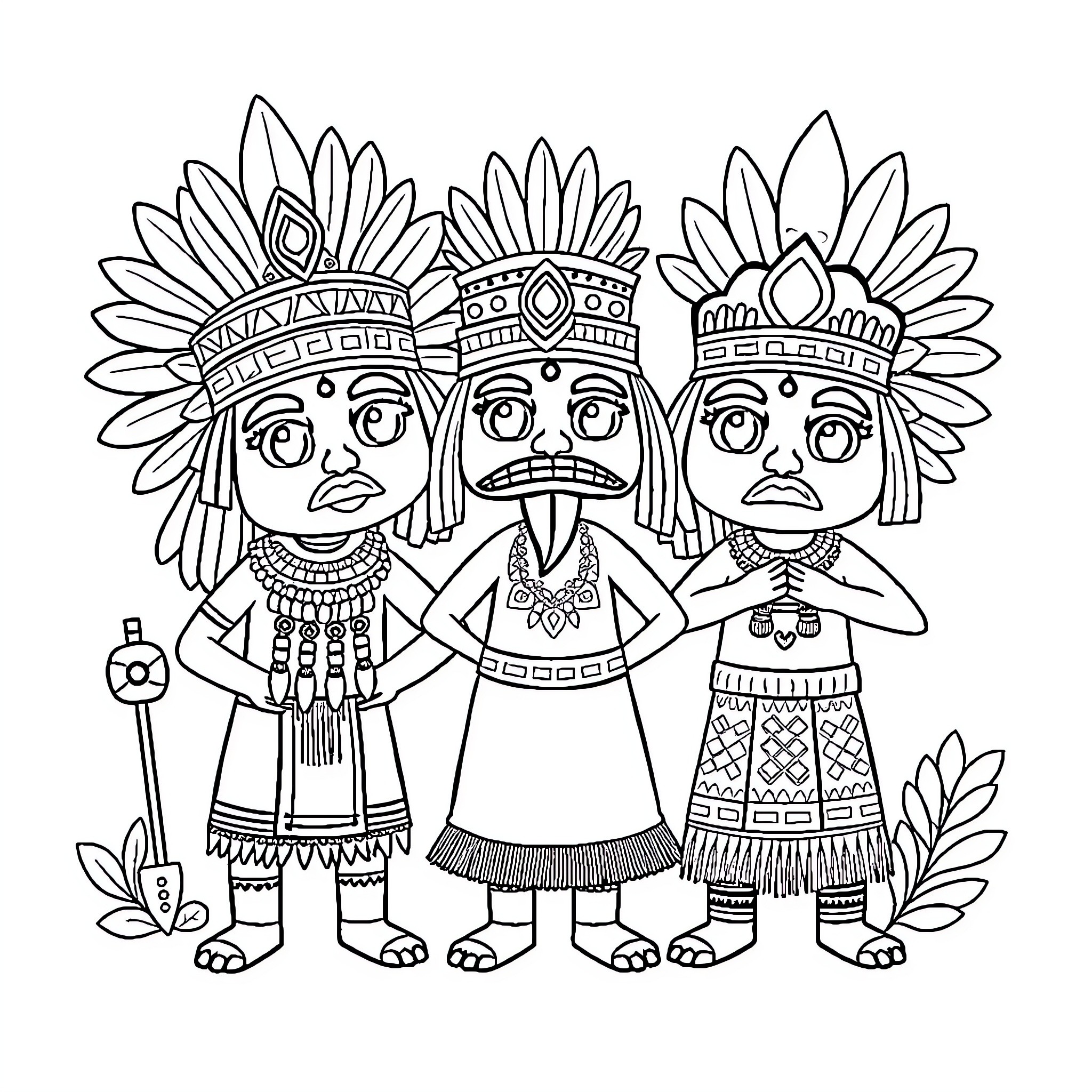 Aztec Toon: Three Figures in Traditional Headdresses Coloring Page (free black-and-white line drawing printable PDF for all, from beginners to advanced learners, including children, teens, adults, and seniors)
