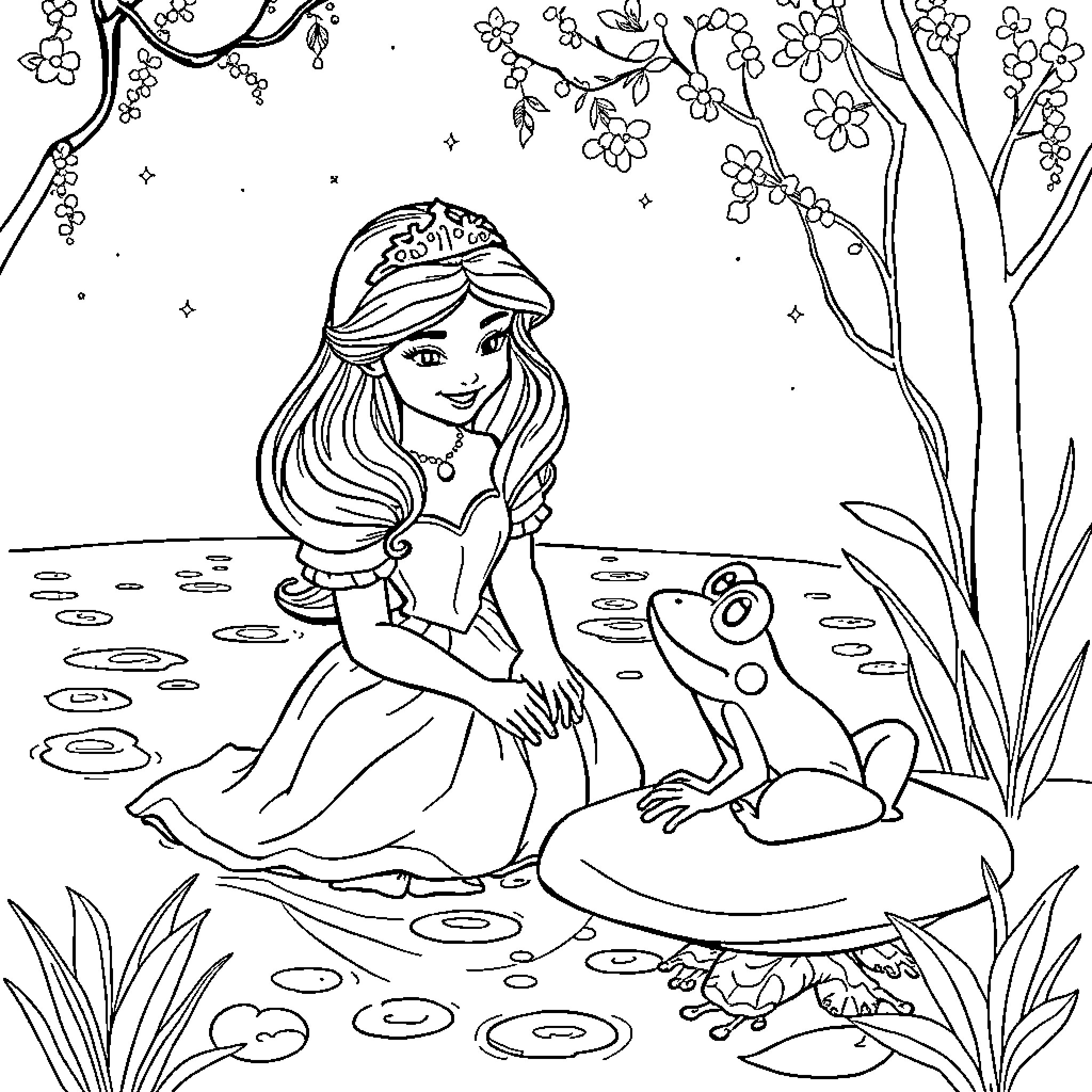 Princess Interacting with Frog in Enchanted Forest Coloring Page (free black-and-white line drawing printable PDF for all, from beginners to advanced learners, including children, teens, adults, and seniors)