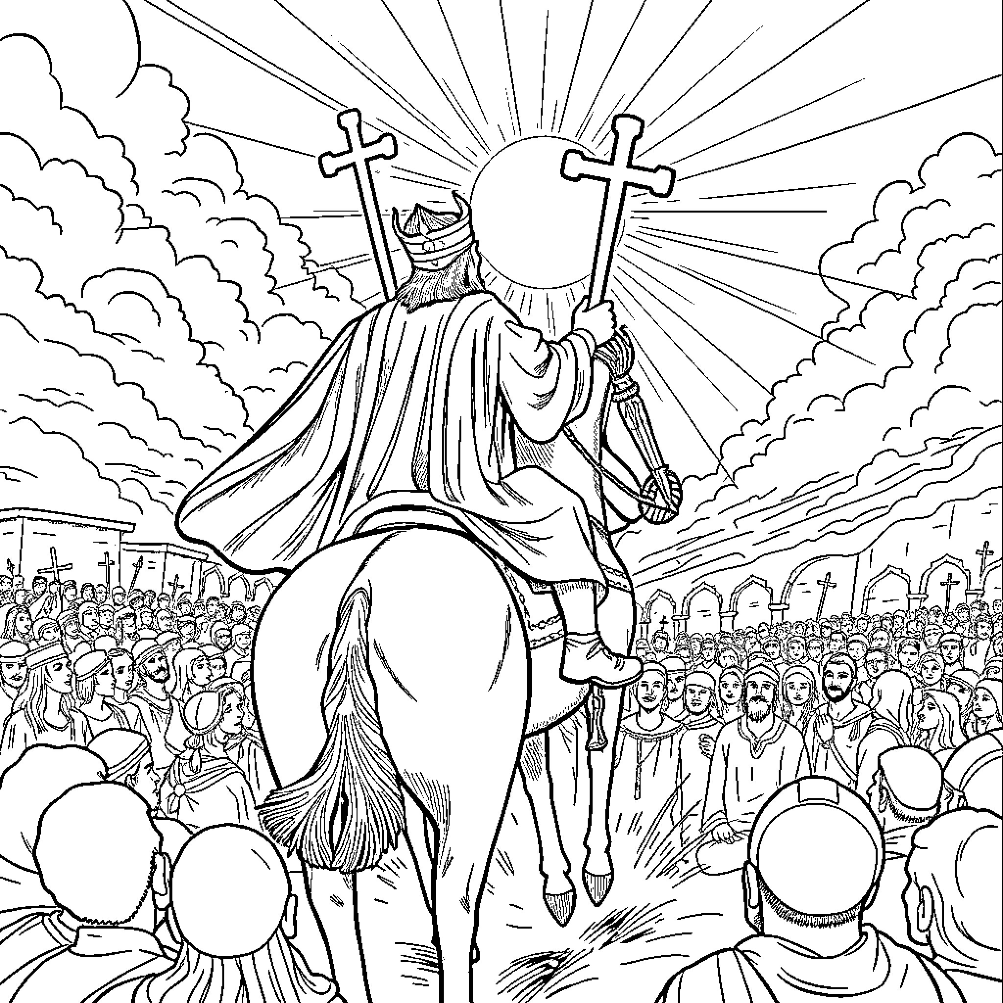 King of Faith Guiding Followers in the Heavenly Realm Coloring Page (free black-and-white line drawing printable PDF for all, from beginners to advanced learners, including children, teens, adults, and seniors)