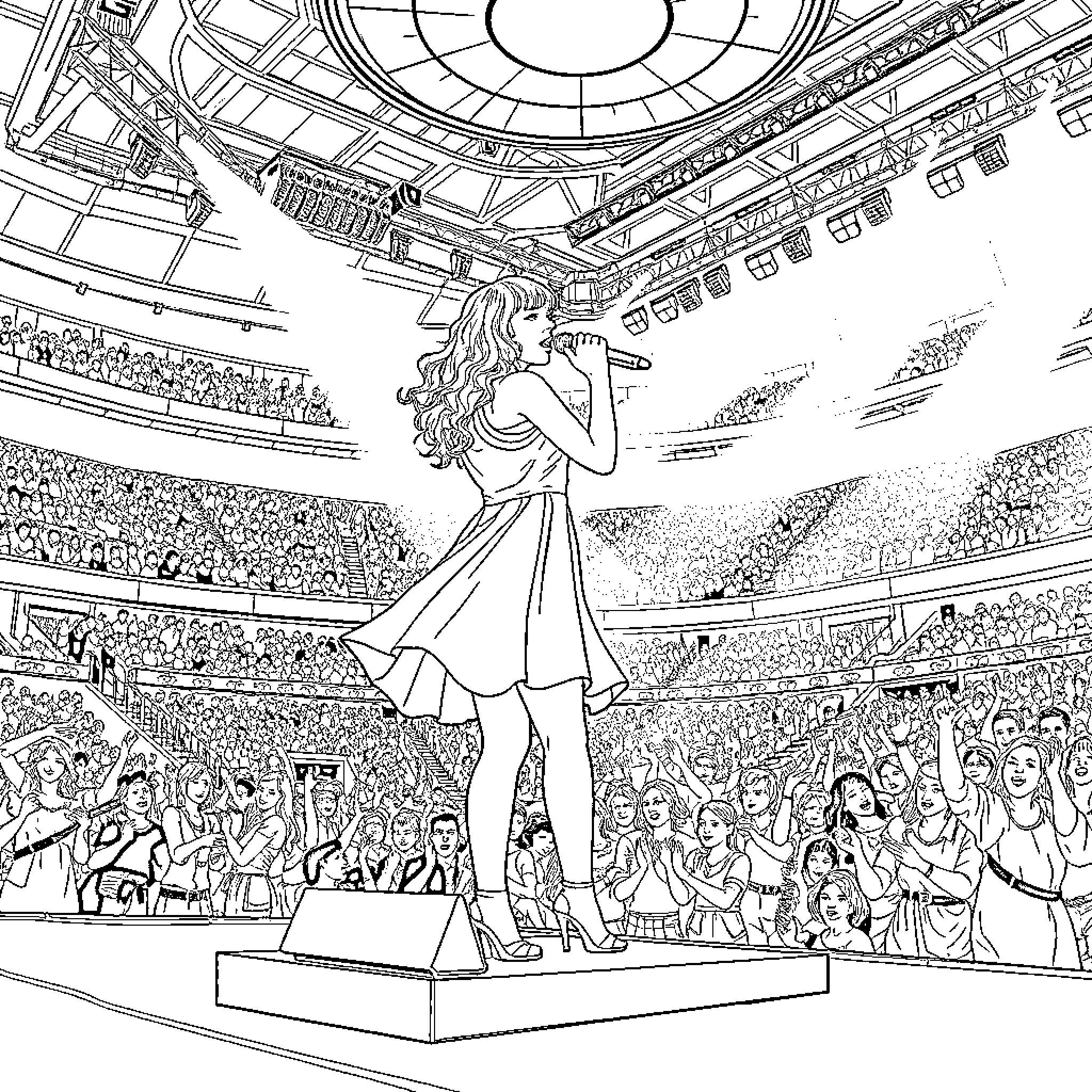 Taylor Swift performing on stage with a crowd Coloring Page (free black-and-white line drawing printable PDF for all, from beginners to advanced learners, including children, teens, adults, and seniors)