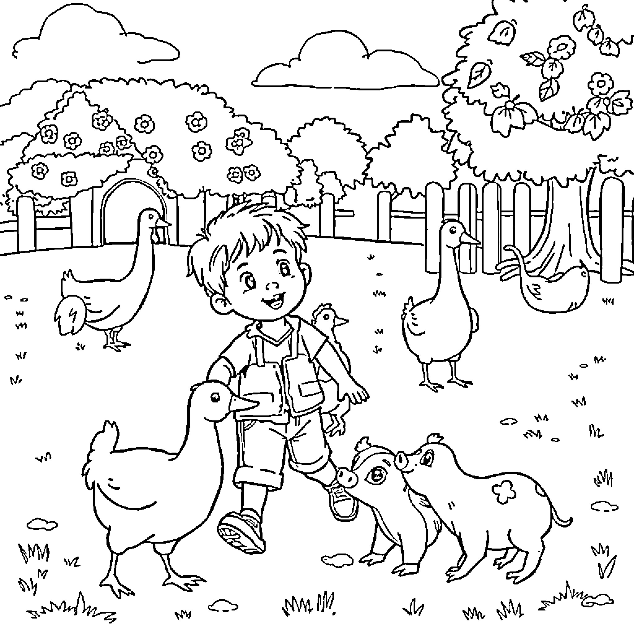 Niño playing with farm animals in a park Coloring Page (free black-and-white line drawing printable PDF for all, from beginners to advanced learners, including children, teens, adults, and seniors)