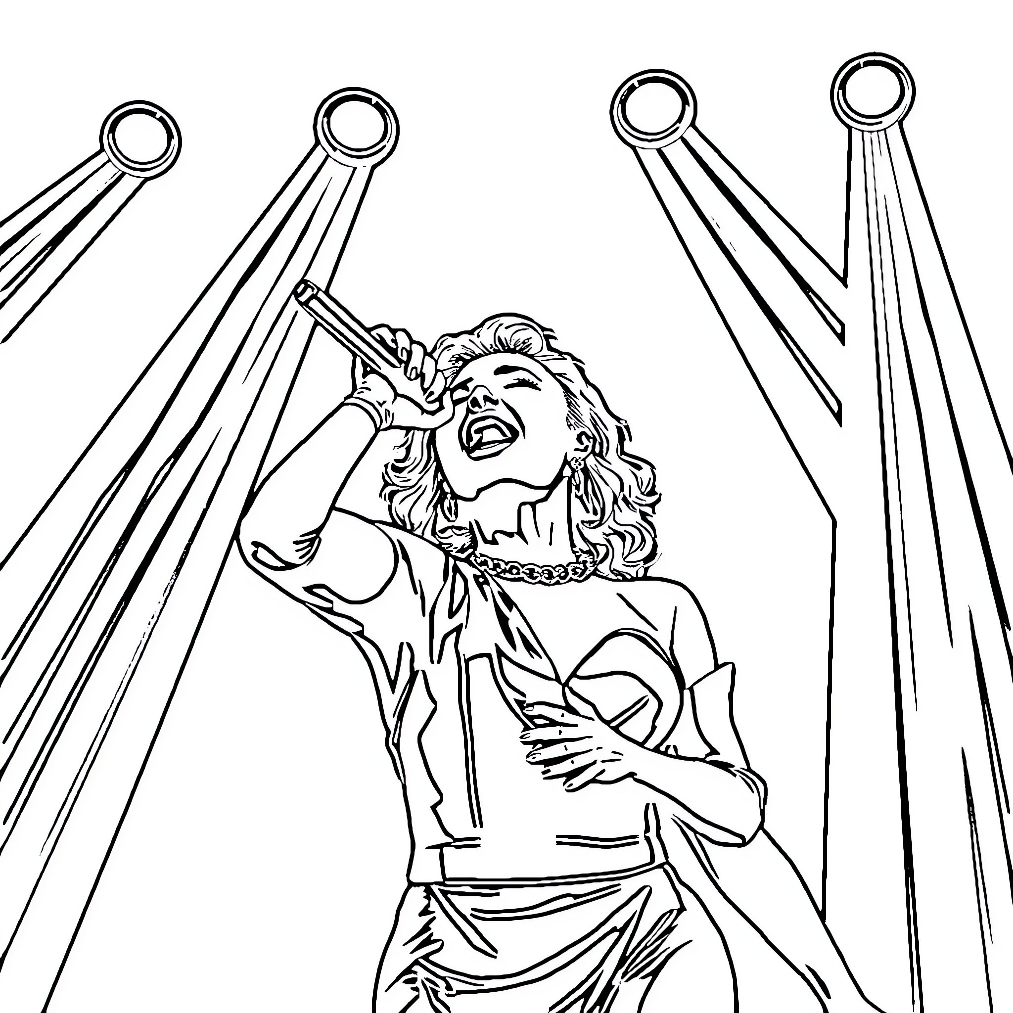 Lady Gaga's Dramatic Stage Performance Coloring Page (free black-and-white line drawing printable PDF for all, from beginners to advanced learners, including children, teens, adults, and seniors)
