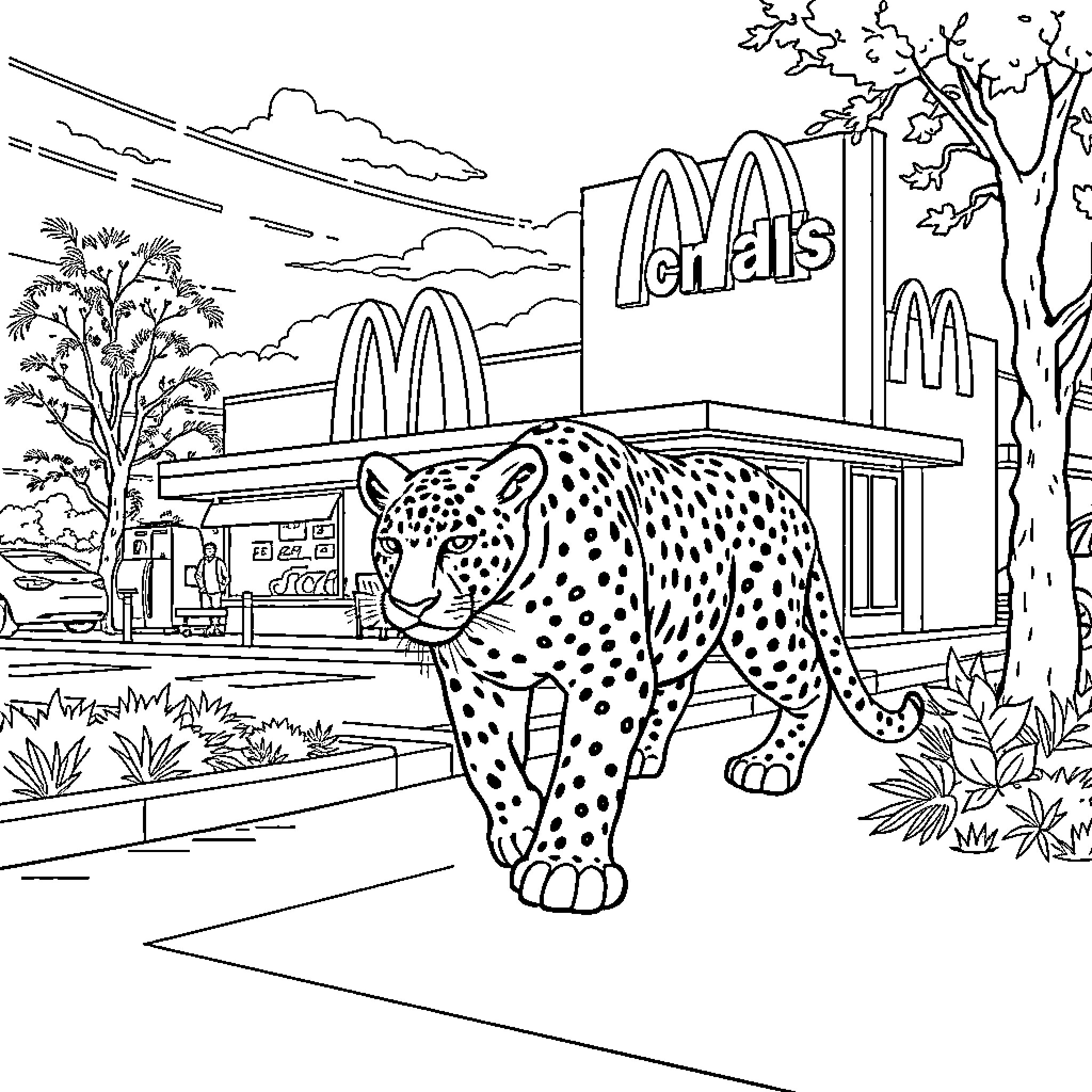 Jaguar exploring near a McDonald's restaurant Coloring Page (free black-and-white line drawing printable PDF for all, from beginners to advanced learners, including children, teens, adults, and seniors)