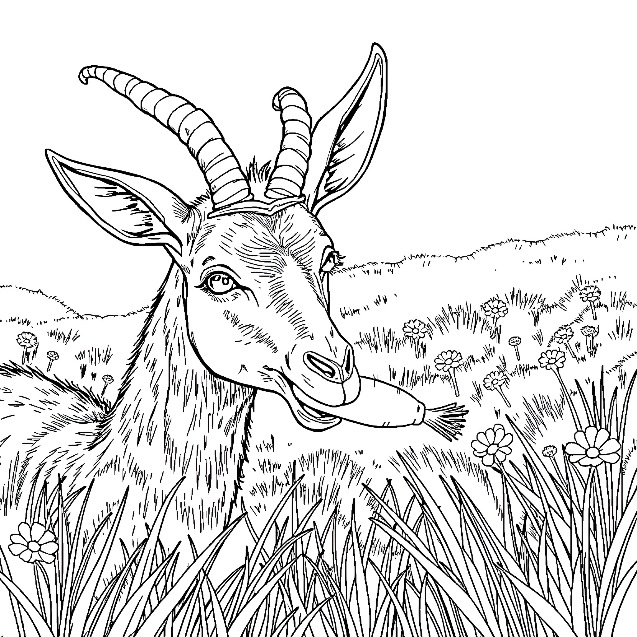 Donkey enjoying a scenic meadow with flowers Coloring Page (free black-and-white line drawing printable PDF for all, from beginners to advanced learners, including children, teens, adults, and seniors)