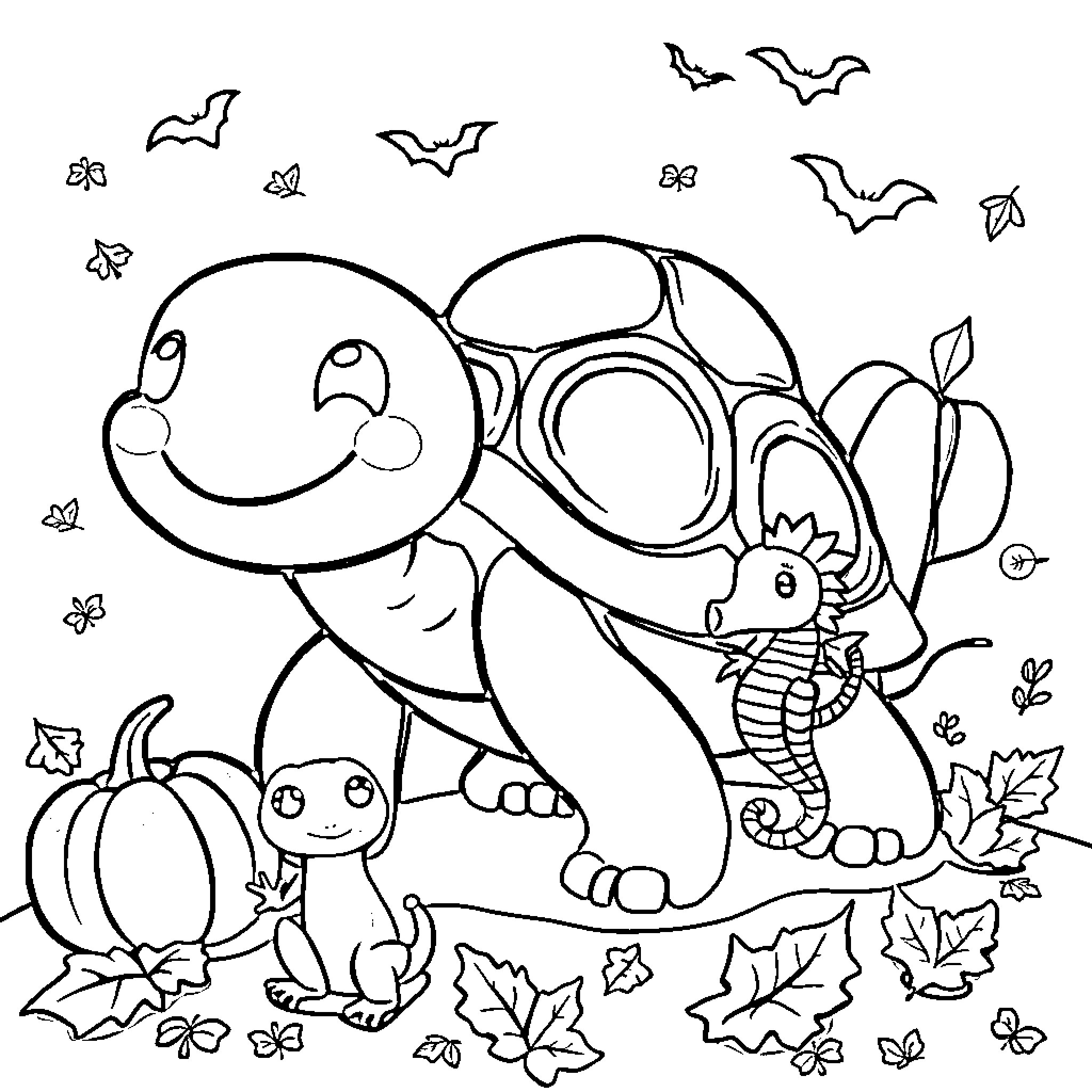 Turtle spending time with friends in the autumn setting Coloring Page (free black-and-white line drawing printable PDF for all, from beginners to advanced learners, including children, teens, adults, and seniors)
