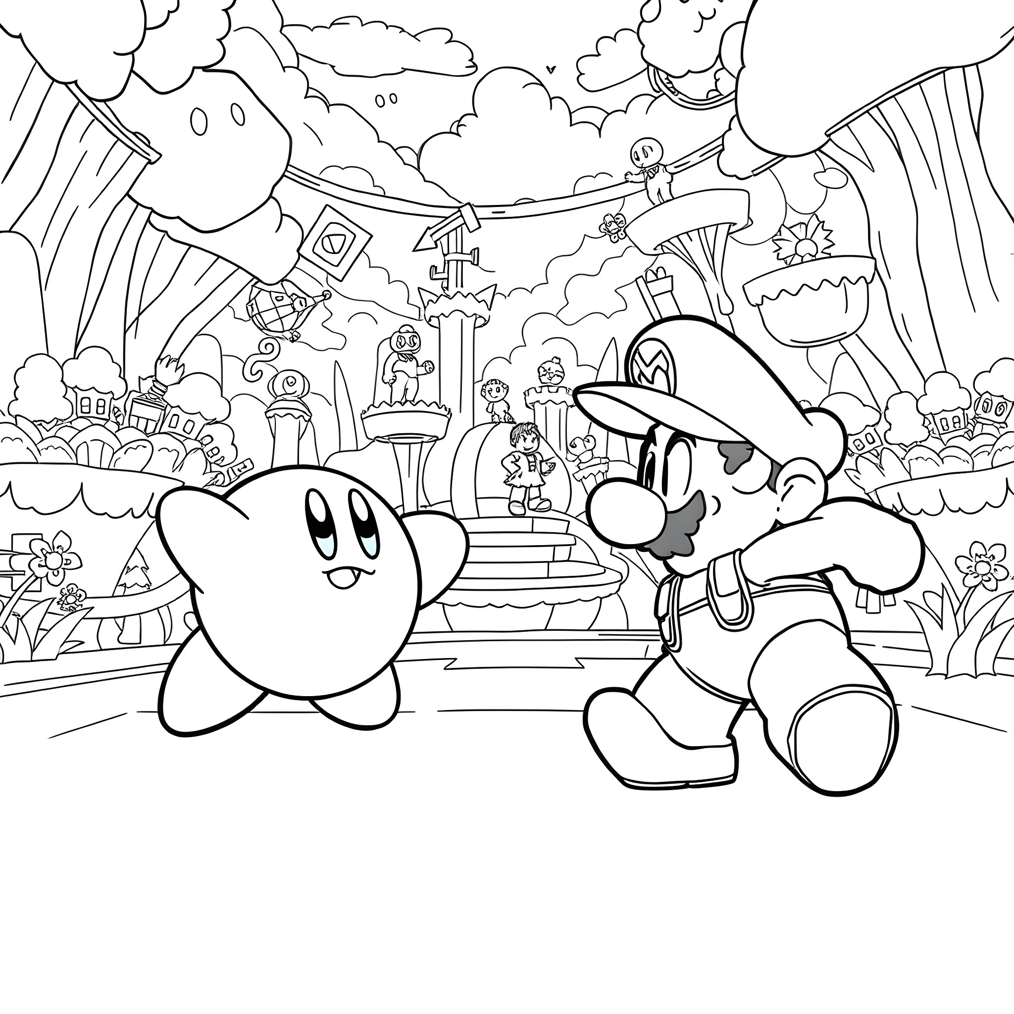 Kirby and Mario exploring a whimsical fantasy world Coloring Page (free black-and-white line drawing printable PDF for all, from beginners to advanced learners, including children, teens, adults, and seniors)