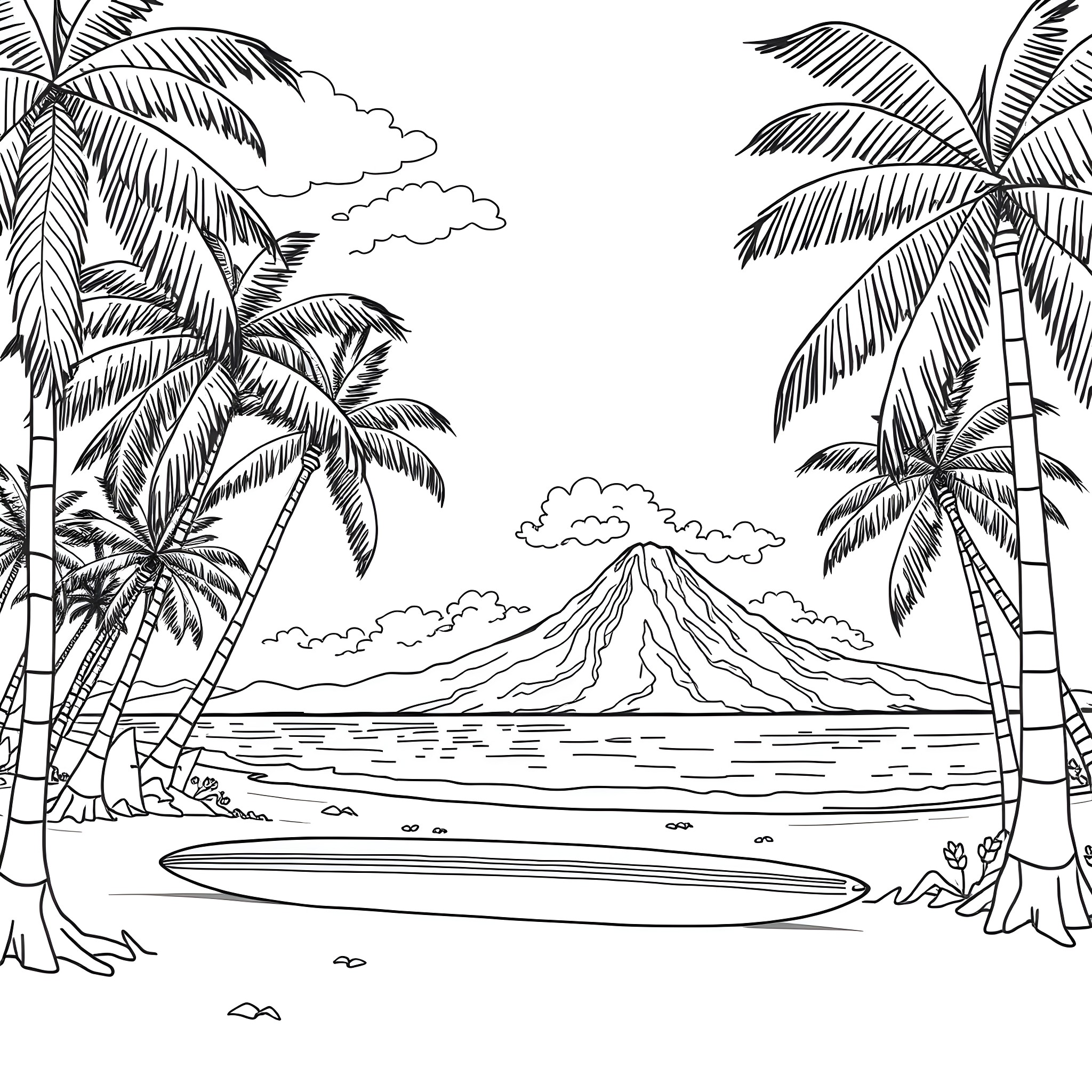 Surfboard on tropical beach with palm trees Coloring Page (free black-and-white line drawing printable PDF for all, from beginners to advanced learners, including children, teens, adults, and seniors)