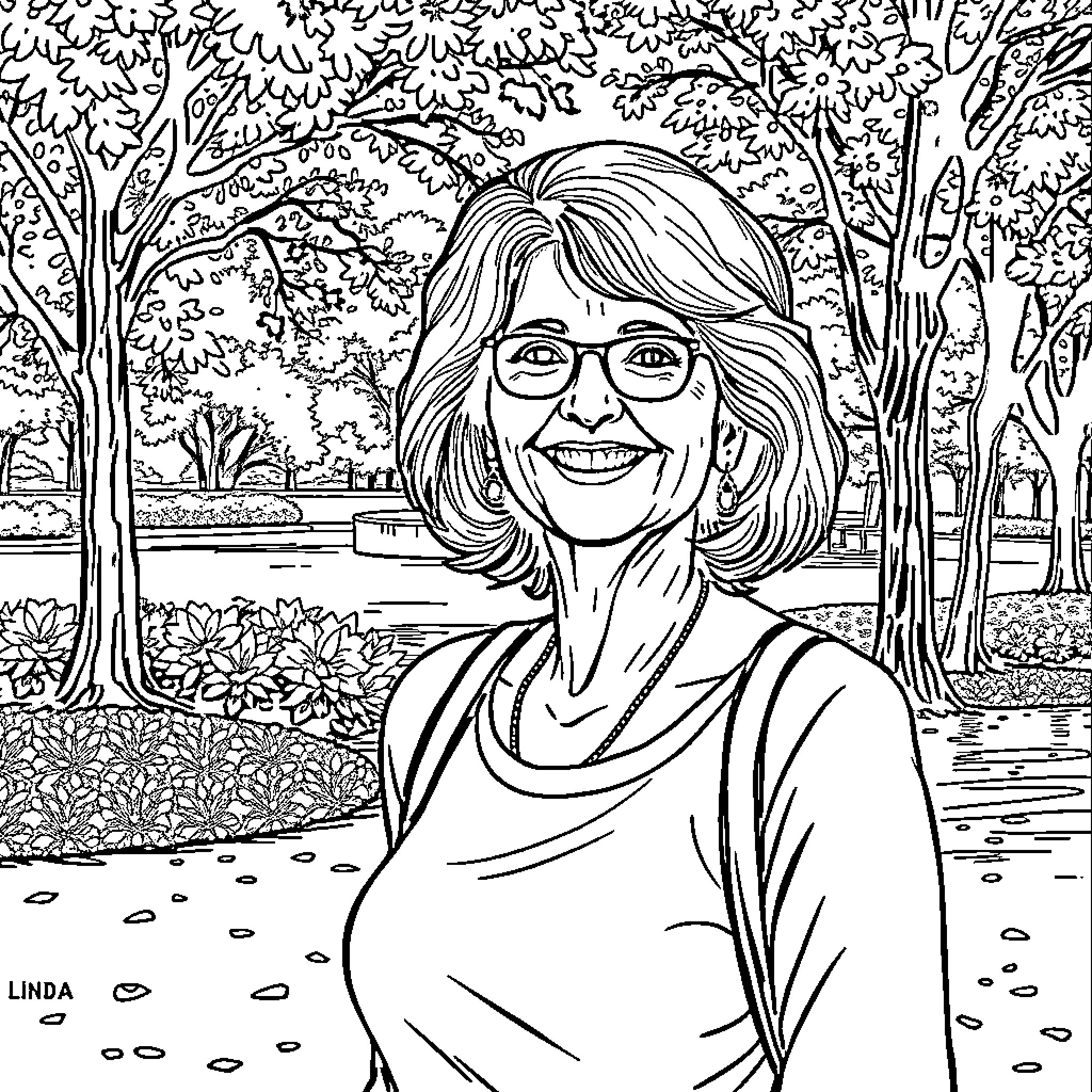 Linda enjoying a peaceful outdoor scene Coloring Page (free black-and-white line drawing printable PDF for all, from beginners to advanced learners, including children, teens, adults, and seniors)