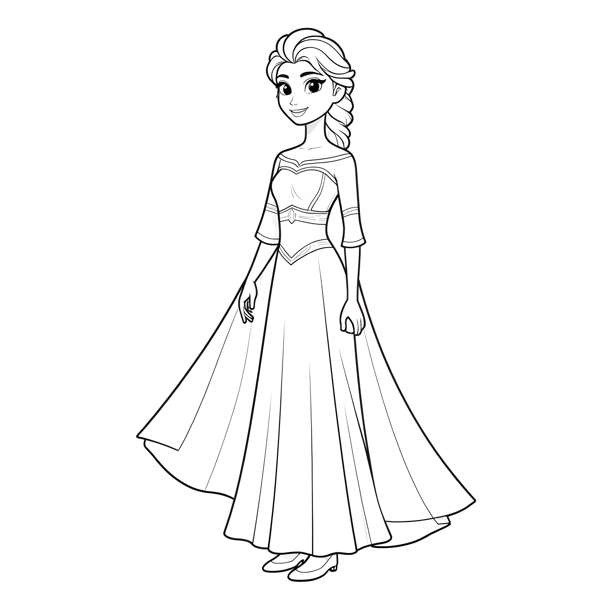 Elsa in a grand ballroom gown Coloring Page (free black-and-white line drawing printable PDF for all, from beginners to advanced learners, including children, teens, adults, and seniors)