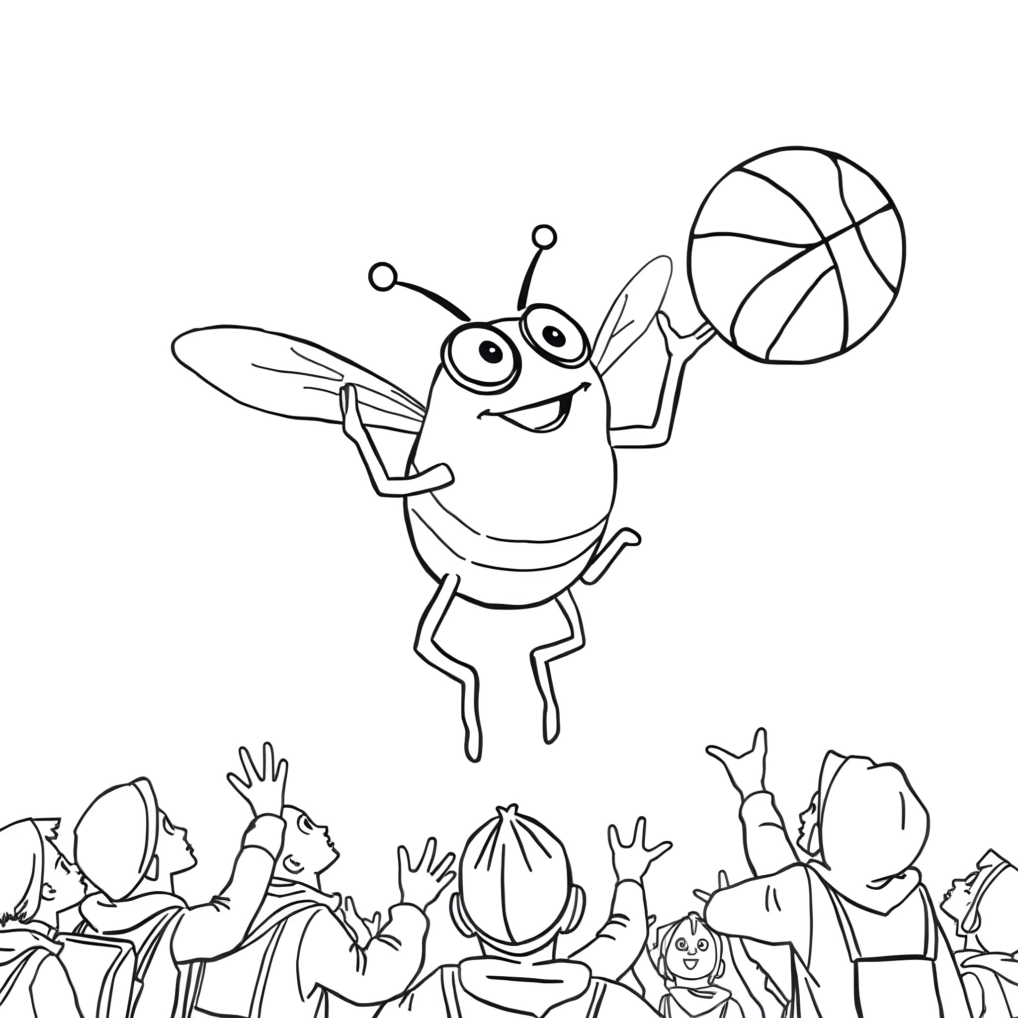 Beholder playing basketball with a cheerful crowd Coloring Page (free black-and-white line drawing printable PDF for all, from beginners to advanced learners, including children, teens, adults, and seniors)