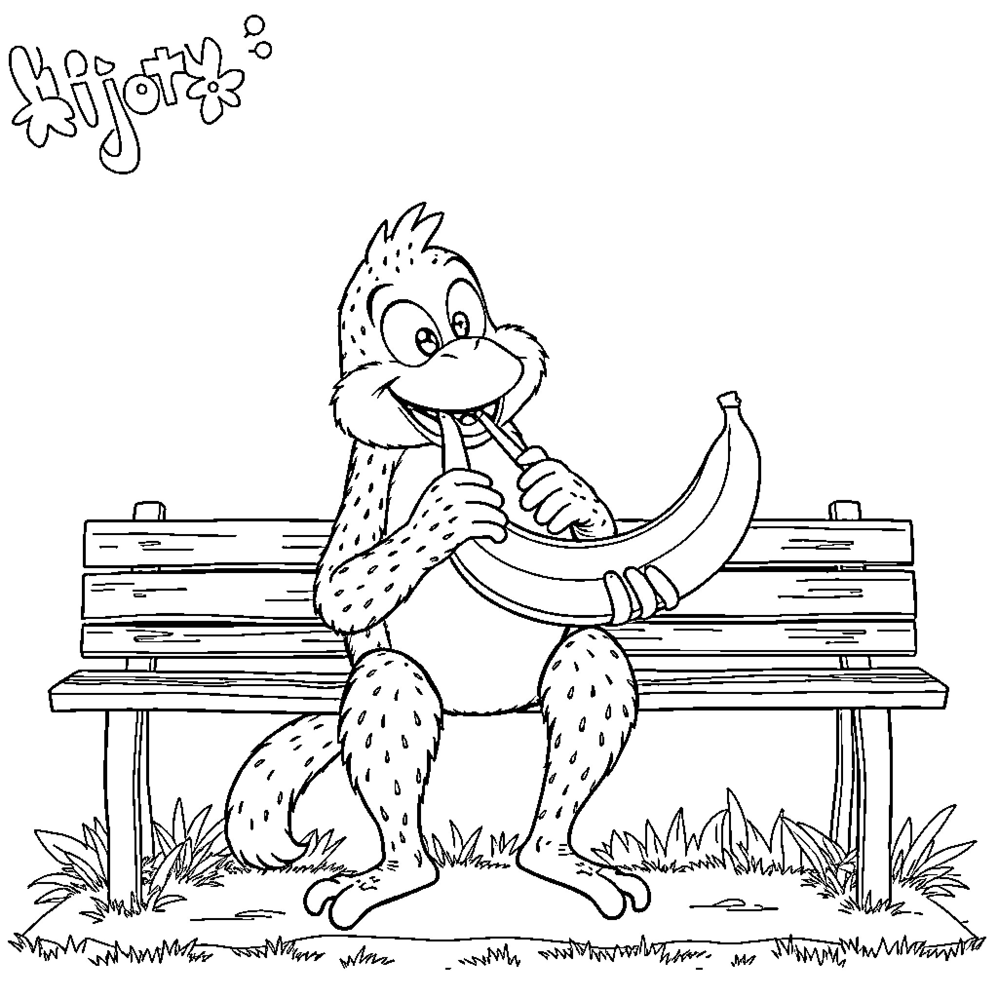 Fantus the Quirky Creature Enjoying a Banana on the Bench Coloring Page (free black-and-white line drawing printable PDF for all, from beginners to advanced learners, including children, teens, adults, and seniors)