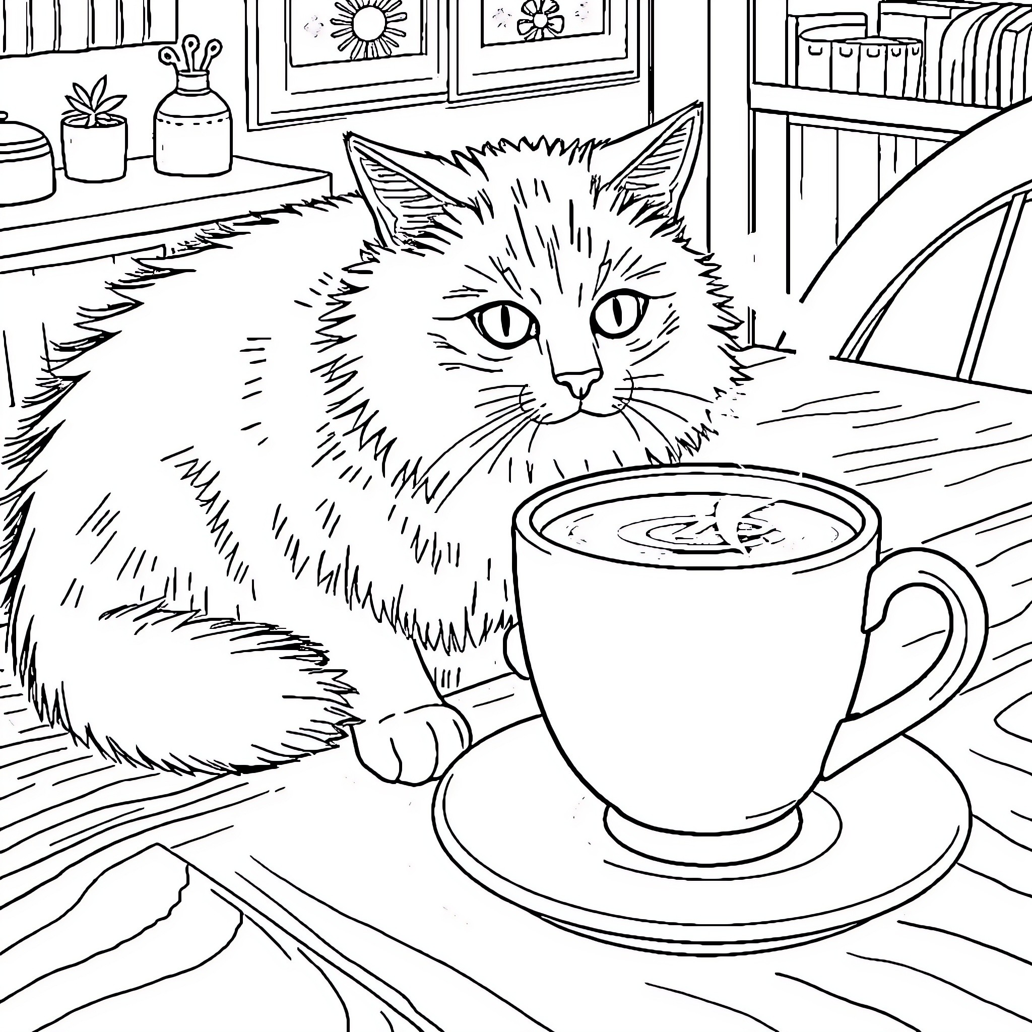 Cat enjoying cozy cup of coffee in kitchen Coloring Page (free black-and-white line drawing printable PDF for all, from beginners to advanced learners, including children, teens, adults, and seniors)