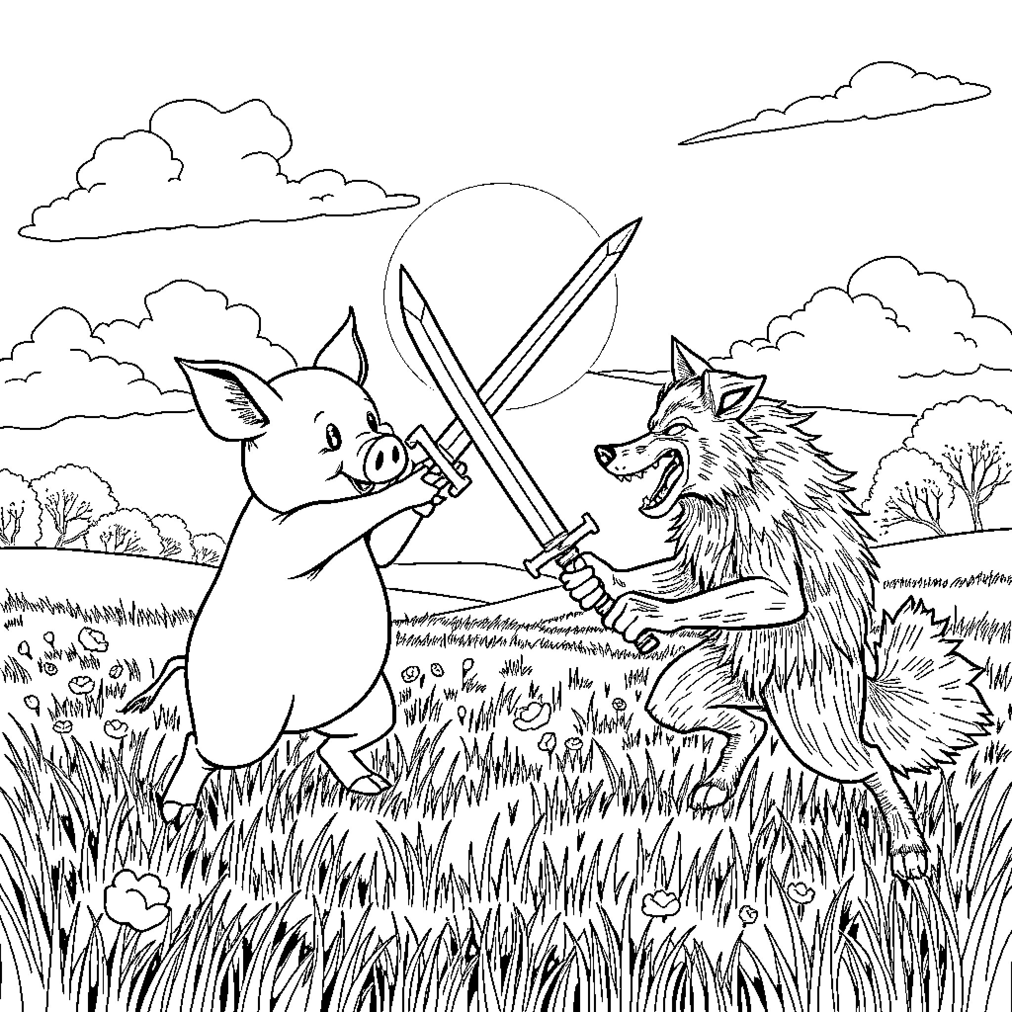 Pig defends itself against a wolf with a sword Coloring Page (free black-and-white line drawing printable PDF for all, from beginners to advanced learners, including children, teens, adults, and seniors)