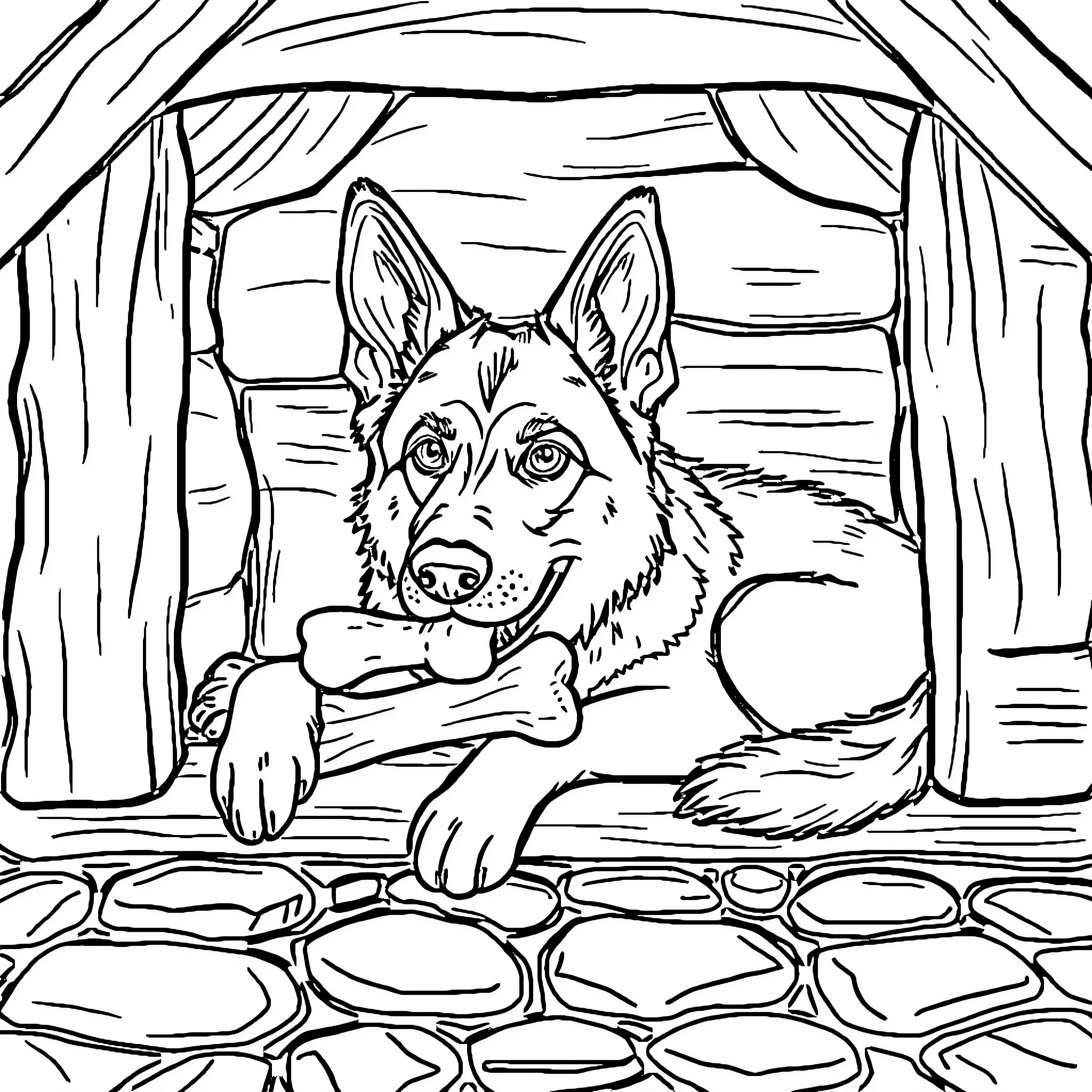 German Shepherd relaxing in cozy forest den Coloring Page (free black-and-white line drawing printable PDF for all, from beginners to advanced learners, including children, teens, adults, and seniors)