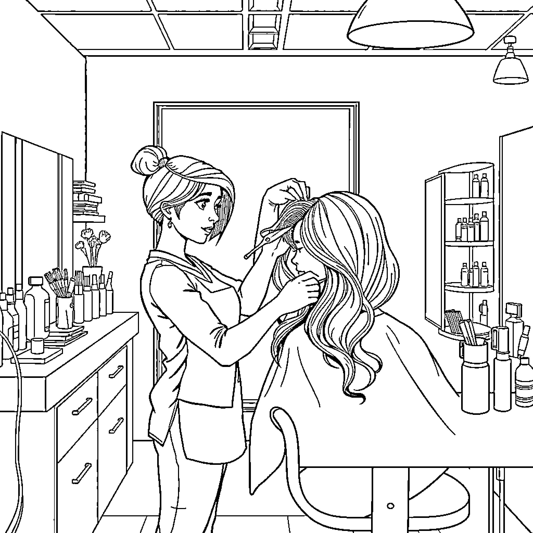 Hairdresser Styling Customer's Hair in Salon Coloring Page (free black-and-white line drawing printable PDF for all, from beginners to advanced learners, including children, teens, adults, and seniors)