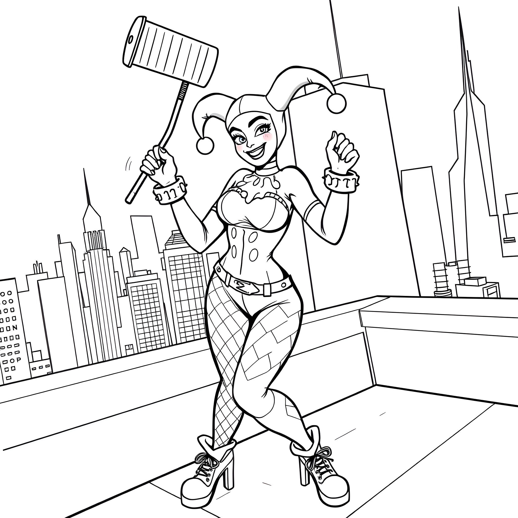 Harley Quinn's Playful Antics in the City Coloring Page (free black-and-white line drawing printable PDF for all, from beginners to advanced learners, including children, teens, adults, and seniors)