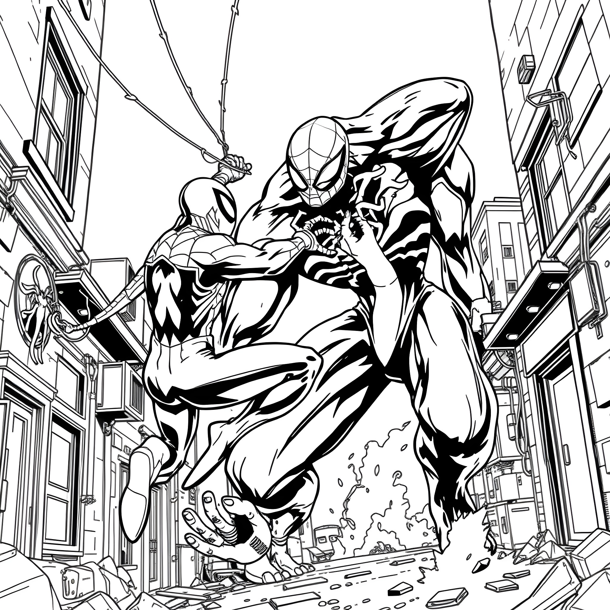 Spider-Man swinging through the city in action Coloring Page (free black-and-white line drawing printable PDF for all, from beginners to advanced learners, including children, teens, adults, and seniors)