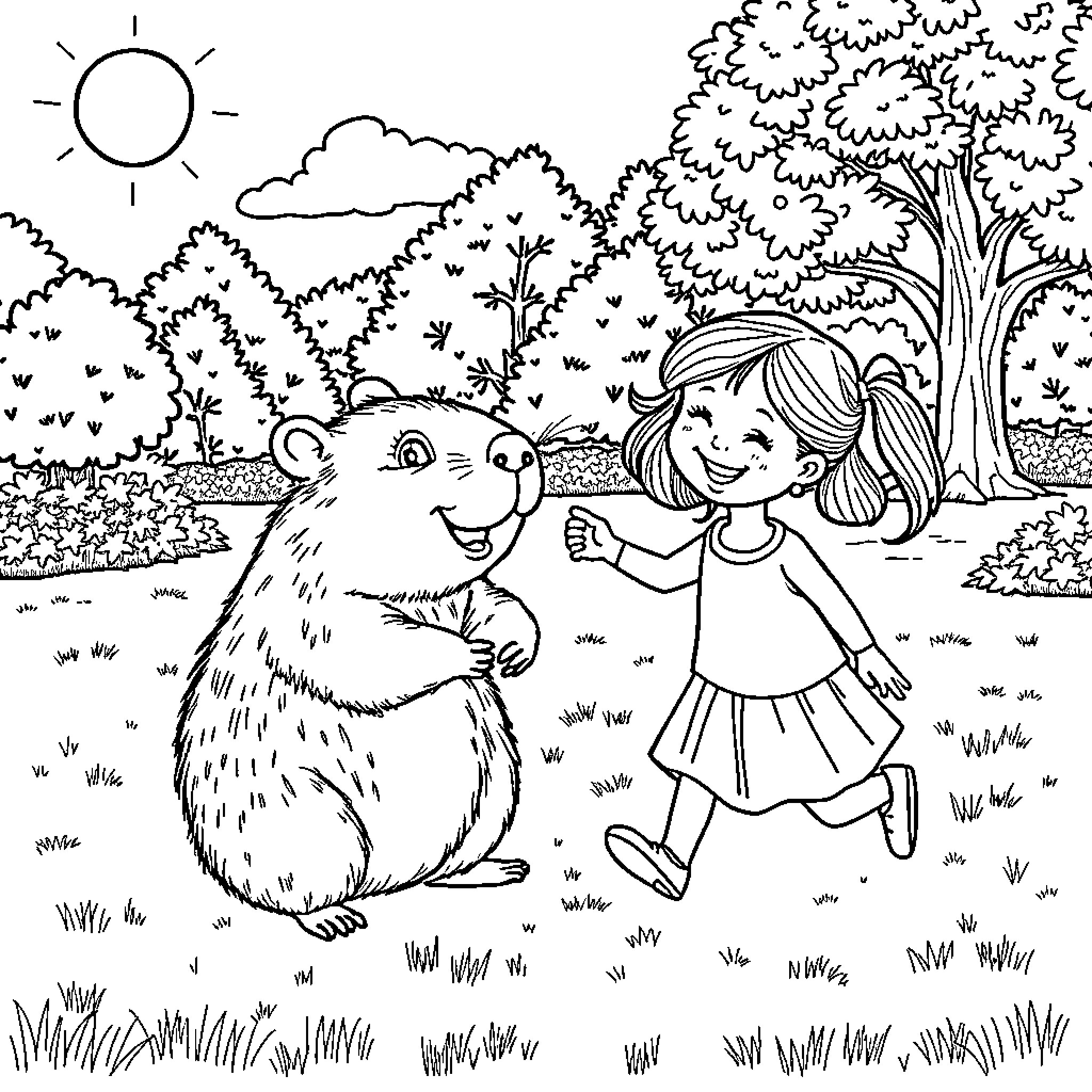 Capybara playing happily with a girl in the park Coloring Page (free black-and-white line drawing printable PDF for all, from beginners to advanced learners, including children, teens, adults, and seniors)