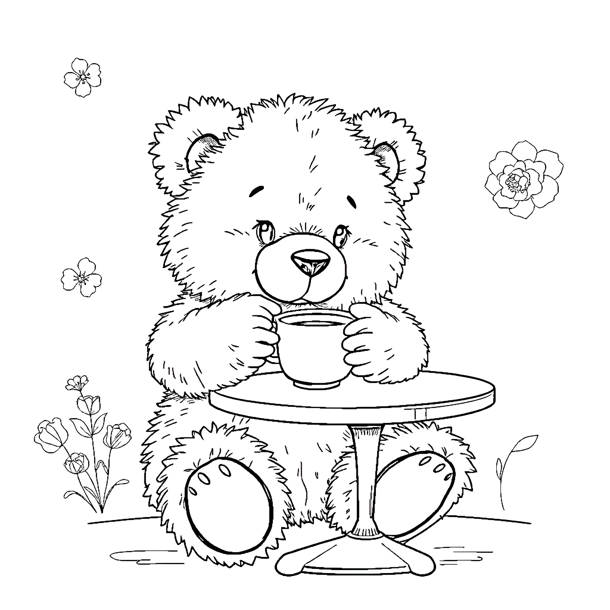Teddy Bear enjoying a warm beverage Coloring Page (free black-and-white line drawing printable PDF for all, from beginners to advanced learners, including children, teens, adults, and seniors)