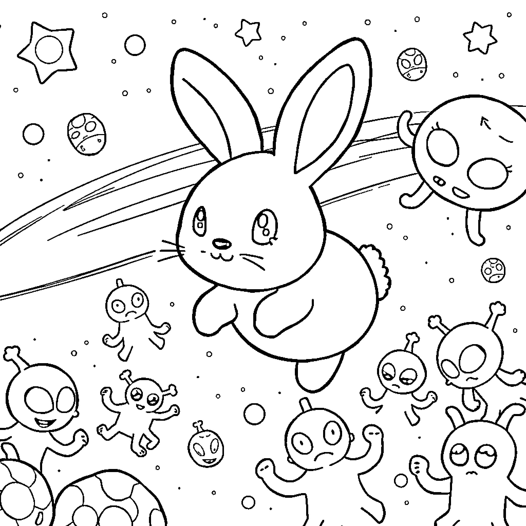 Bunny leaping among playful creatures Coloring Page (free black-and-white line drawing printable PDF for all, from beginners to advanced learners, including children, teens, adults, and seniors)