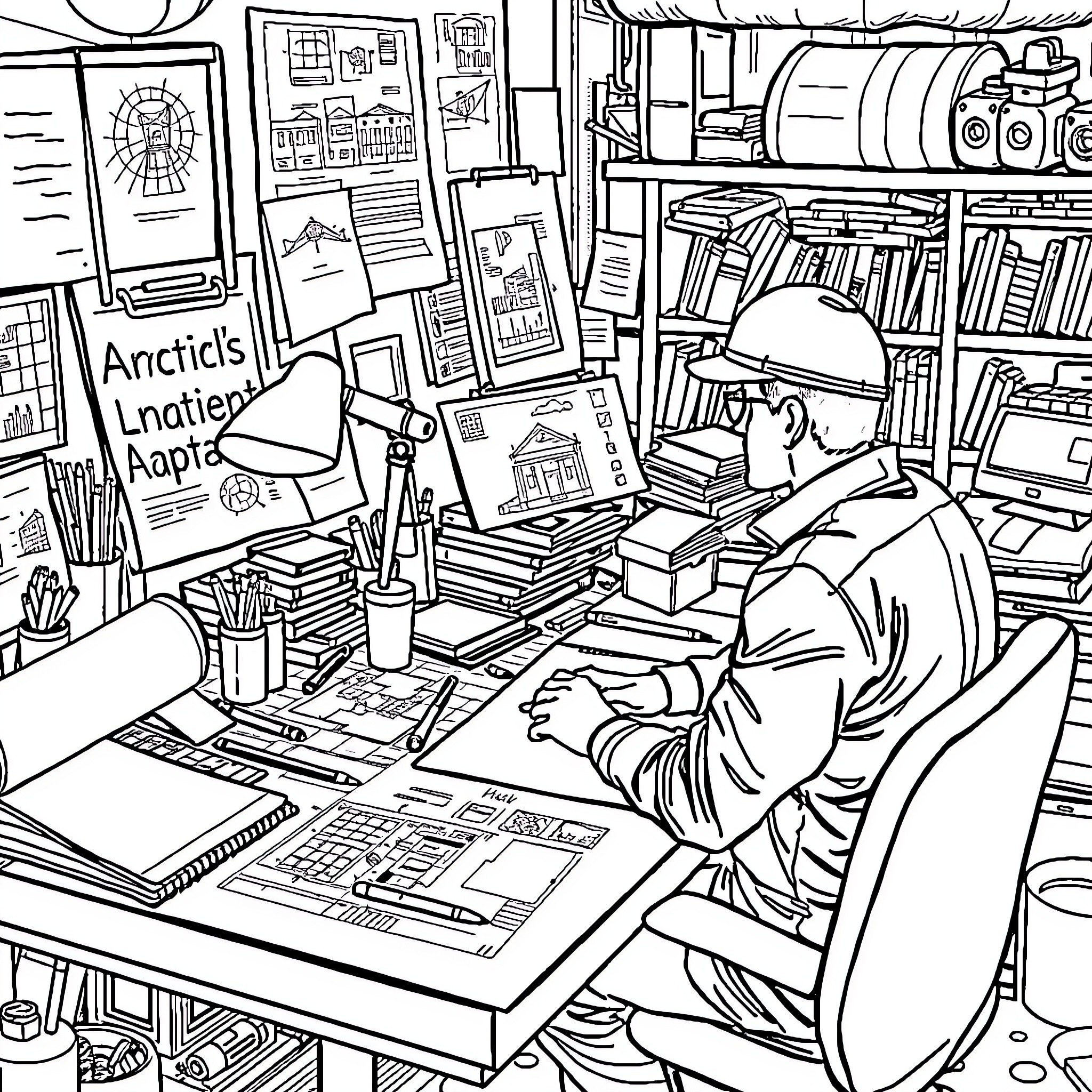 Architect drafting blueprints at cluttered desk Coloring Page (free black-and-white line drawing printable PDF for all, from beginners to advanced learners, including children, teens, adults, and seniors)