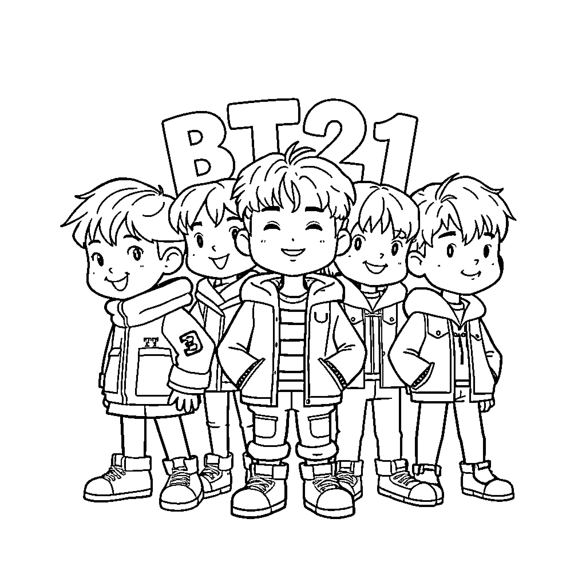 BT21 Characters Posing Together Happily Coloring Page (free black-and-white line drawing printable PDF for all, from beginners to advanced learners, including children, teens, adults, and seniors)