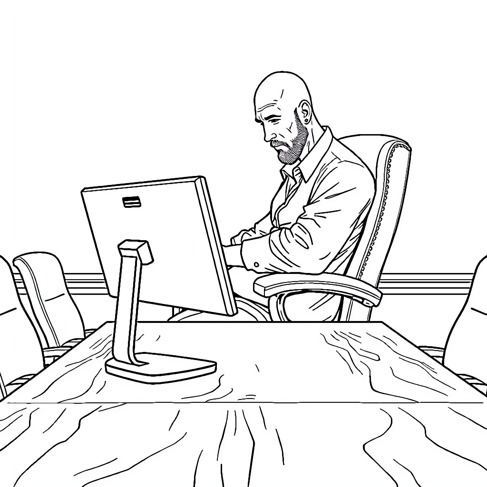 Man working diligently on computer in office Coloring Page (free black-and-white line drawing printable PDF for all, from beginners to advanced learners, including children, teens, adults, and seniors)