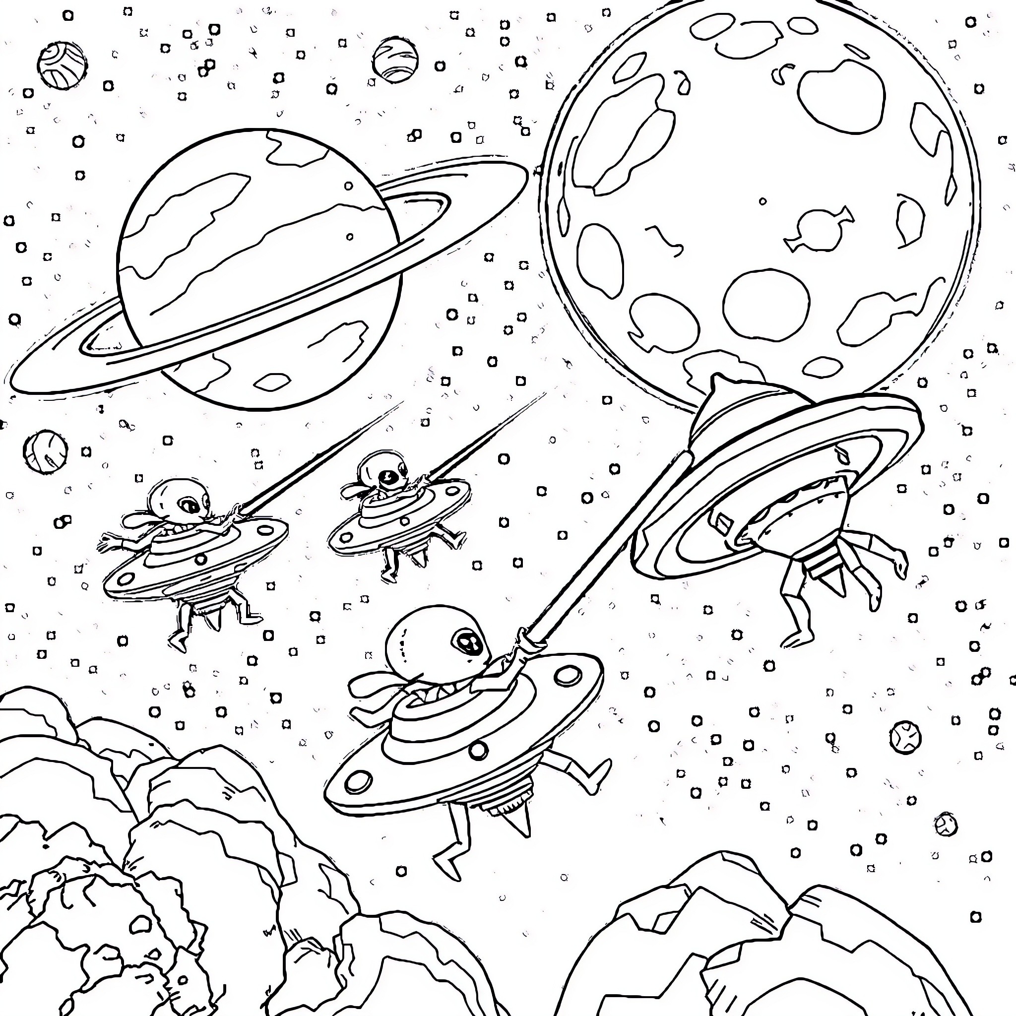 Alien beings exploring the cosmic landscape Coloring Page (free black-and-white line drawing printable PDF for all, from beginners to advanced learners, including children, teens, adults, and seniors)