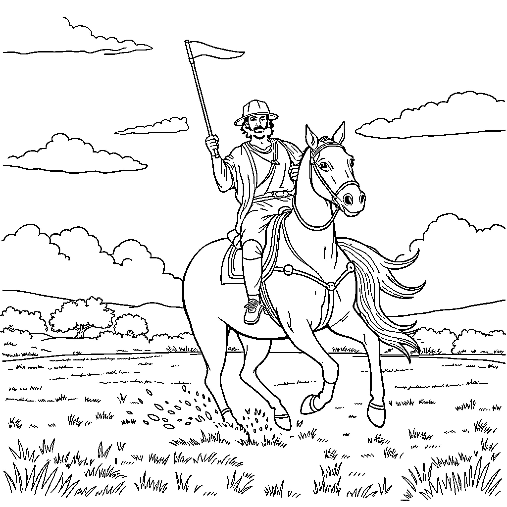 Jesus riding a horse with a flag across a grassy field Coloring Page (free black-and-white line drawing printable PDF for all, from beginners to advanced learners, including children, teens, adults, and seniors)
