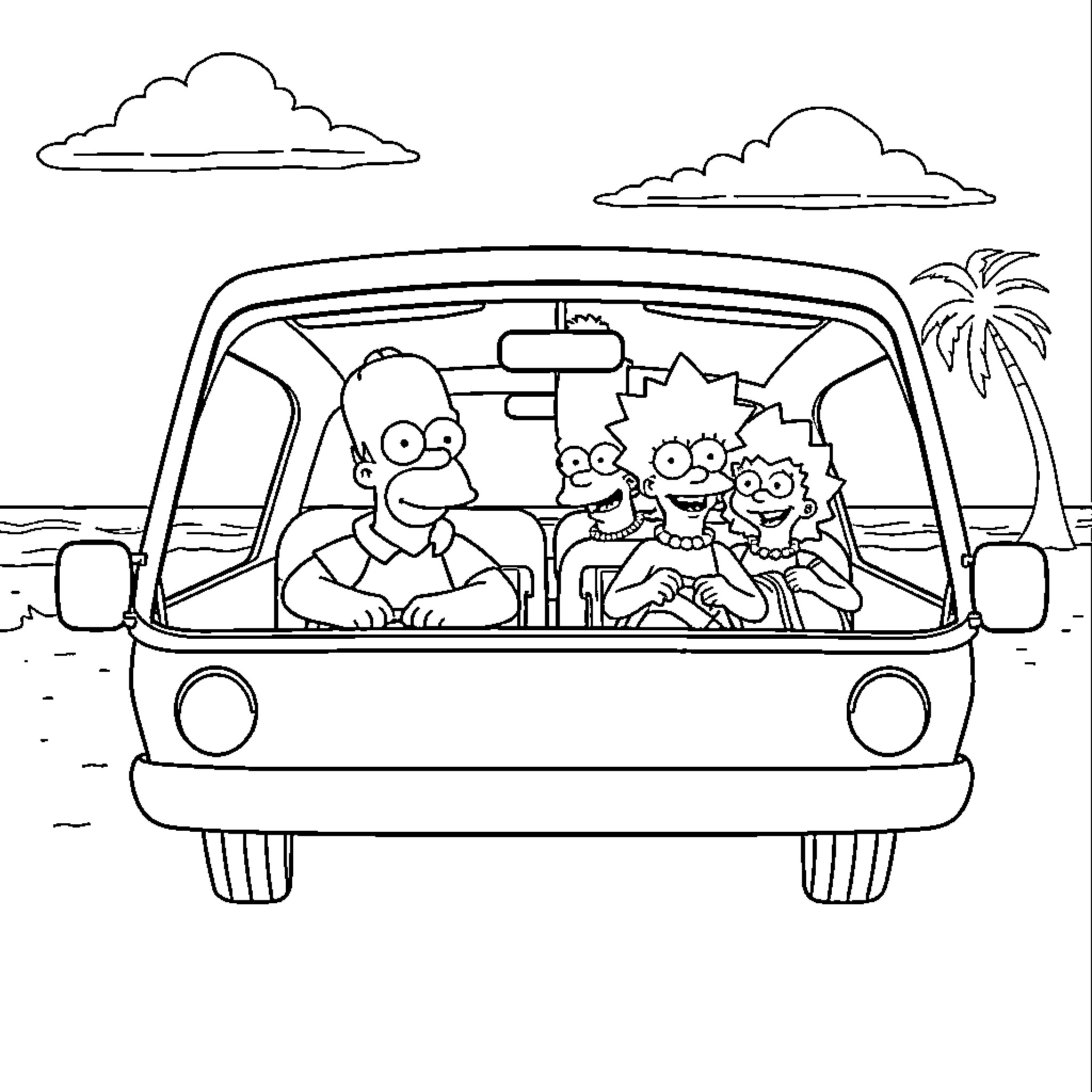 Simpsons family on a road trip adventure Coloring Page (free black-and-white line drawing printable PDF for all, from beginners to advanced learners, including children, teens, adults, and seniors)