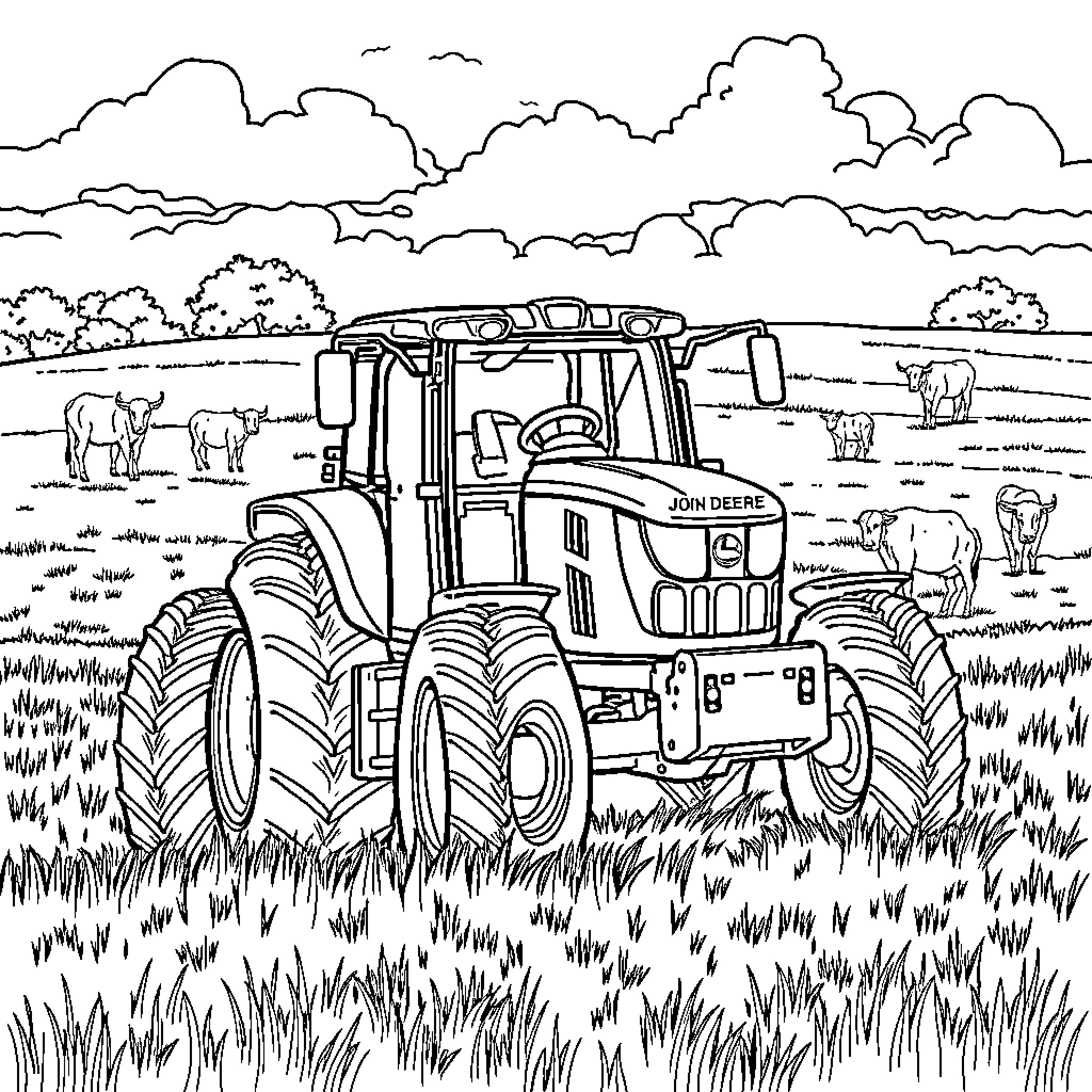 Tractor working in a field with grazing animals Coloring Page (free black-and-white line drawing printable PDF for all, from beginners to advanced learners, including children, teens, adults, and seniors)