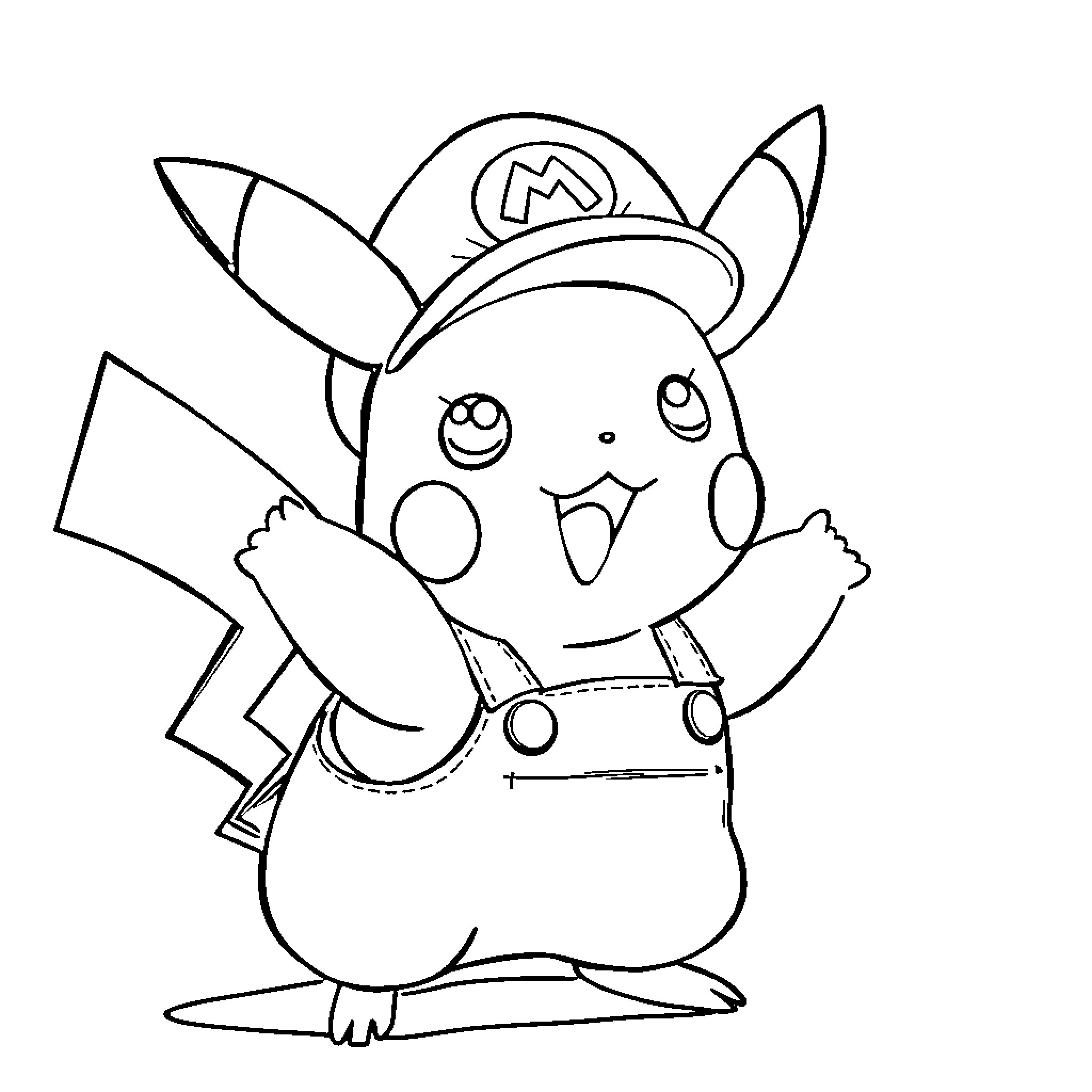 Pikachu in plumber overalls holding a tool Coloring Page (free black-and-white line drawing printable PDF for all, from beginners to advanced learners, including children, teens, adults, and seniors)