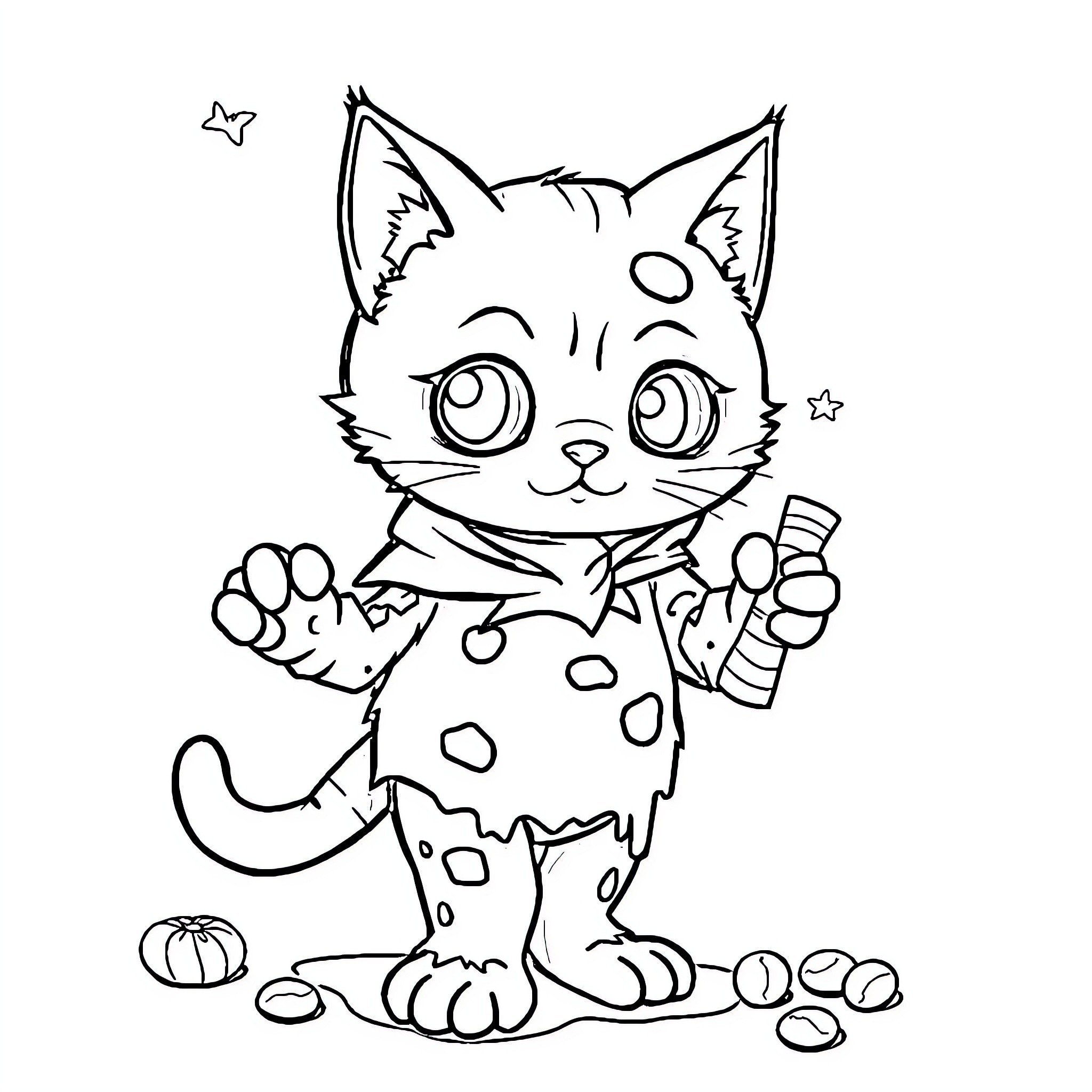 Cat playing with toys in a playful pose Coloring Page (free black-and-white line drawing printable PDF for all, from beginners to advanced learners, including children, teens, adults, and seniors)