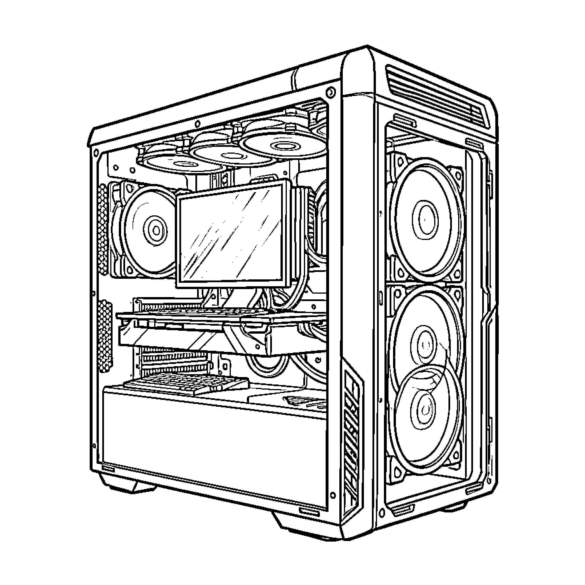 Gaming PC with advanced hardware components Coloring Page (free black-and-white line drawing printable PDF for all, from beginners to advanced learners, including children, teens, adults, and seniors)