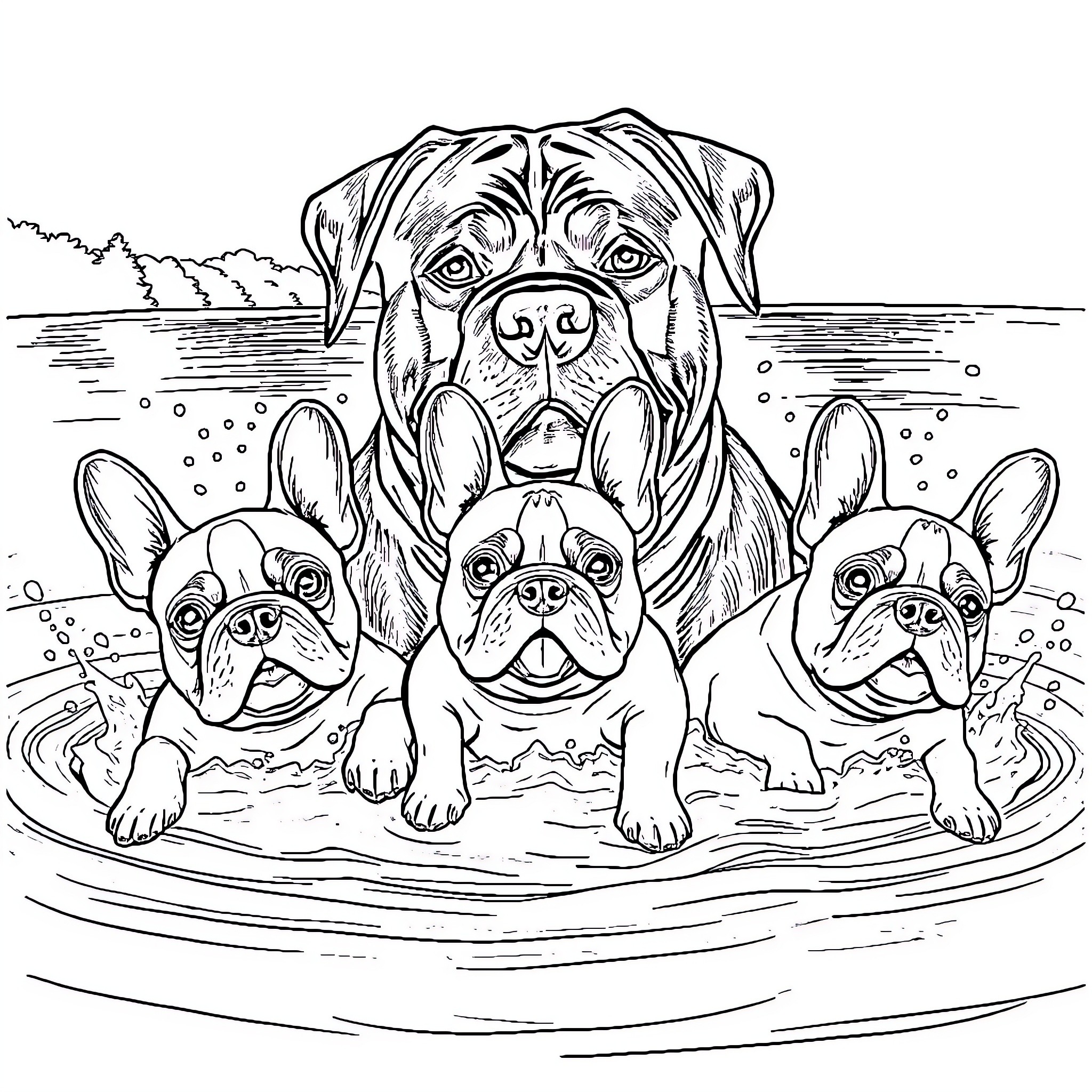 Dog and Puppies Playing in the Water Coloring Page (free black-and-white line drawing printable PDF for all, from beginners to advanced learners, including children, teens, adults, and seniors)