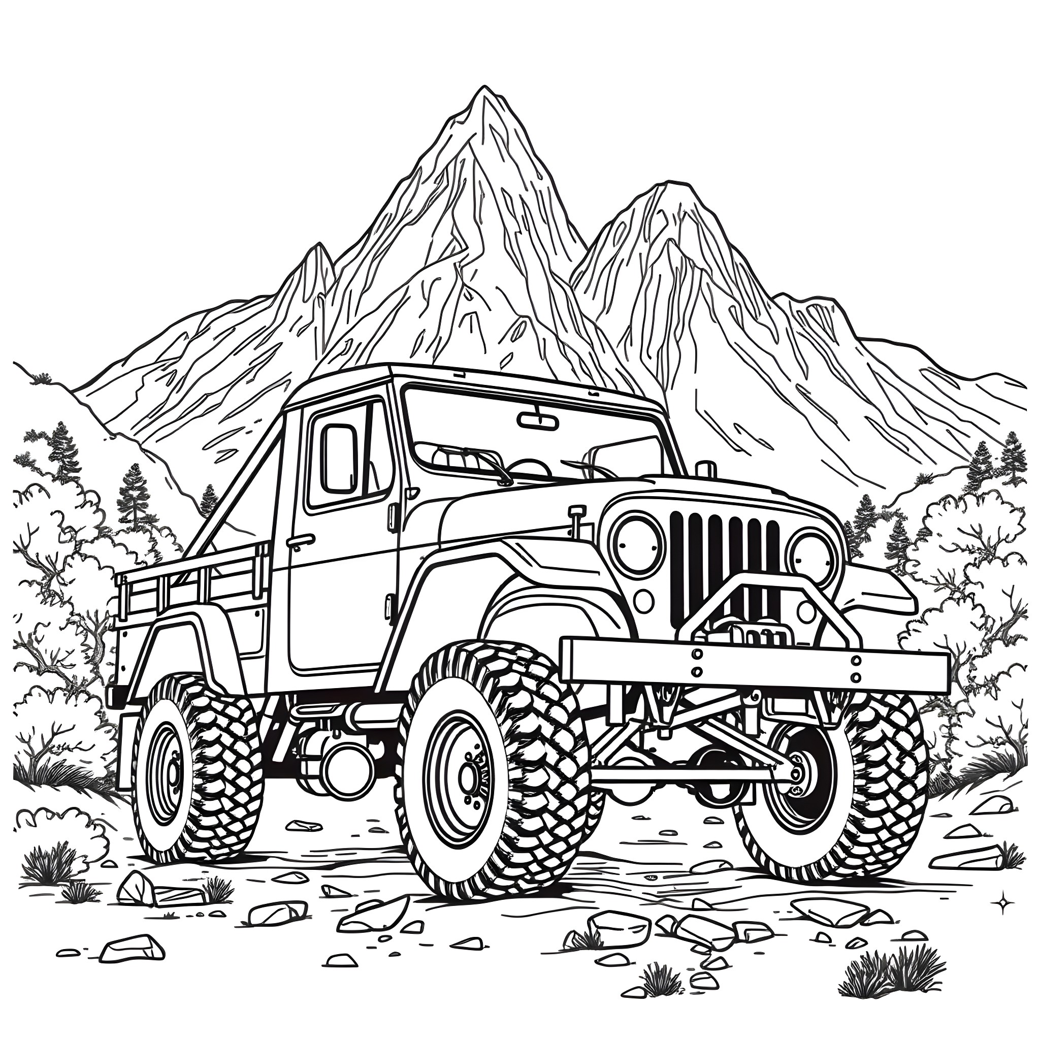 Truck off-roading in mountain landscape Coloring Page (free black-and-white line drawing printable PDF for all, from beginners to advanced learners, including children, teens, adults, and seniors)