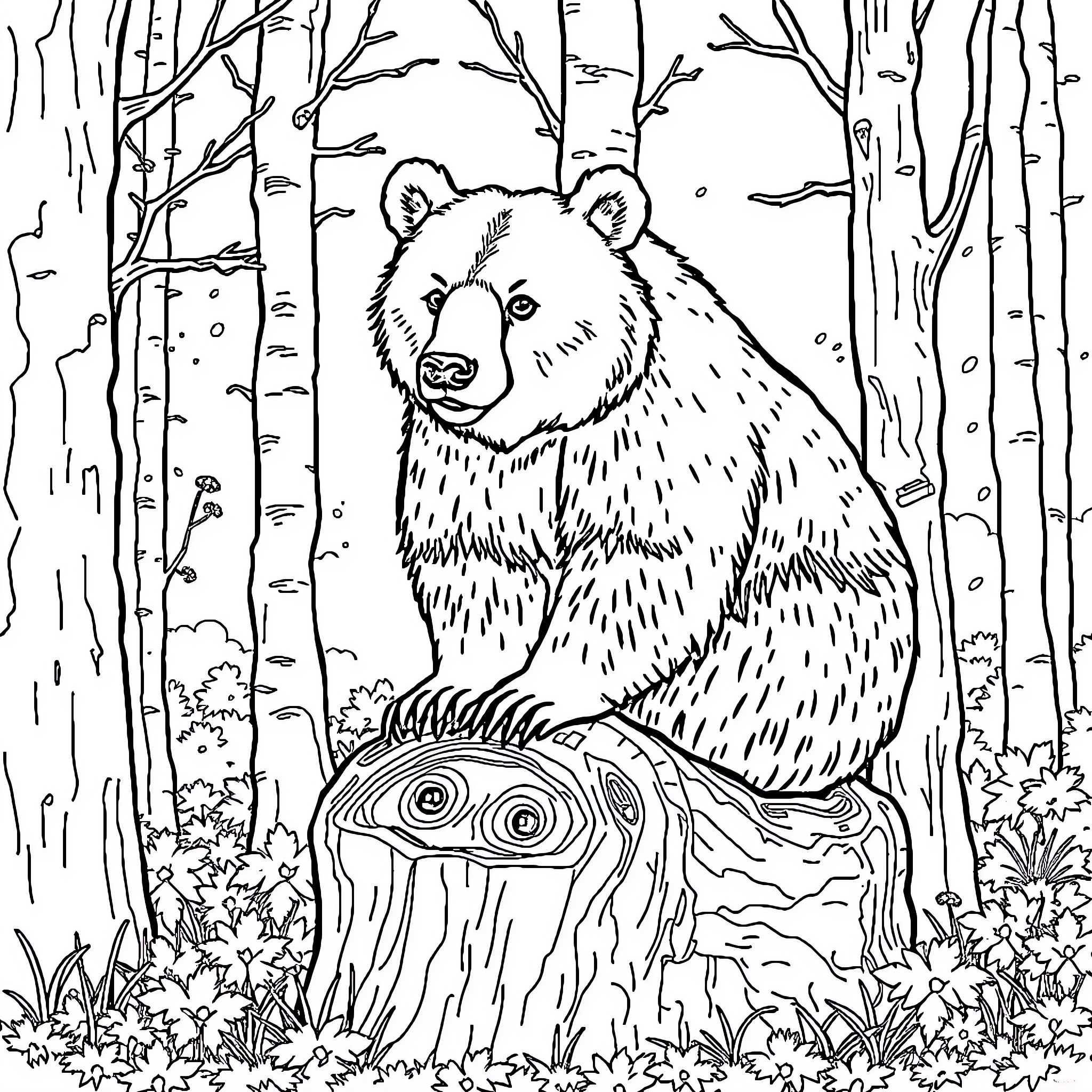 Bear sitting on a stump in the forest Coloring Page (free black-and-white line drawing printable PDF for all, from beginners to advanced learners, including children, teens, adults, and seniors)