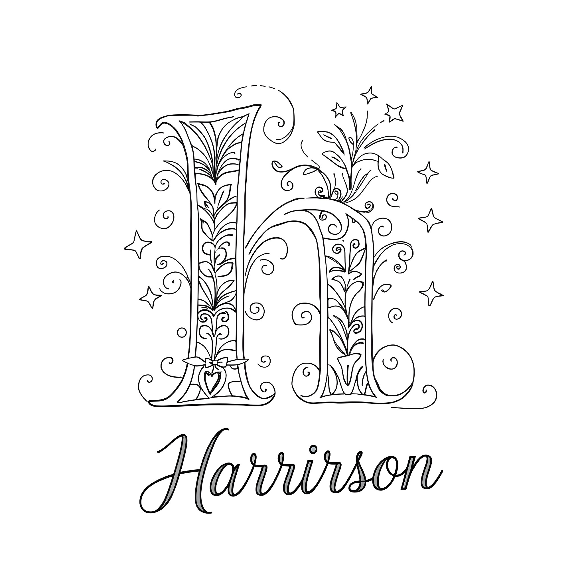 Letter H with Elegant Floral Patterns and Stars Coloring Page (free black-and-white line drawing printable PDF for all, from beginners to advanced learners, including children, teens, adults, and seniors)
