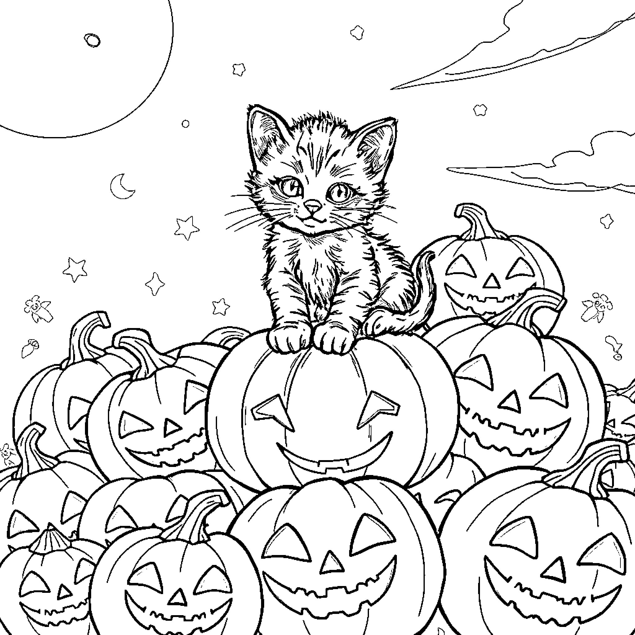 Kitten sitting atop a pile of Halloween pumpkins Coloring Page (free black-and-white line drawing printable PDF for all, from beginners to advanced learners, including children, teens, adults, and seniors)