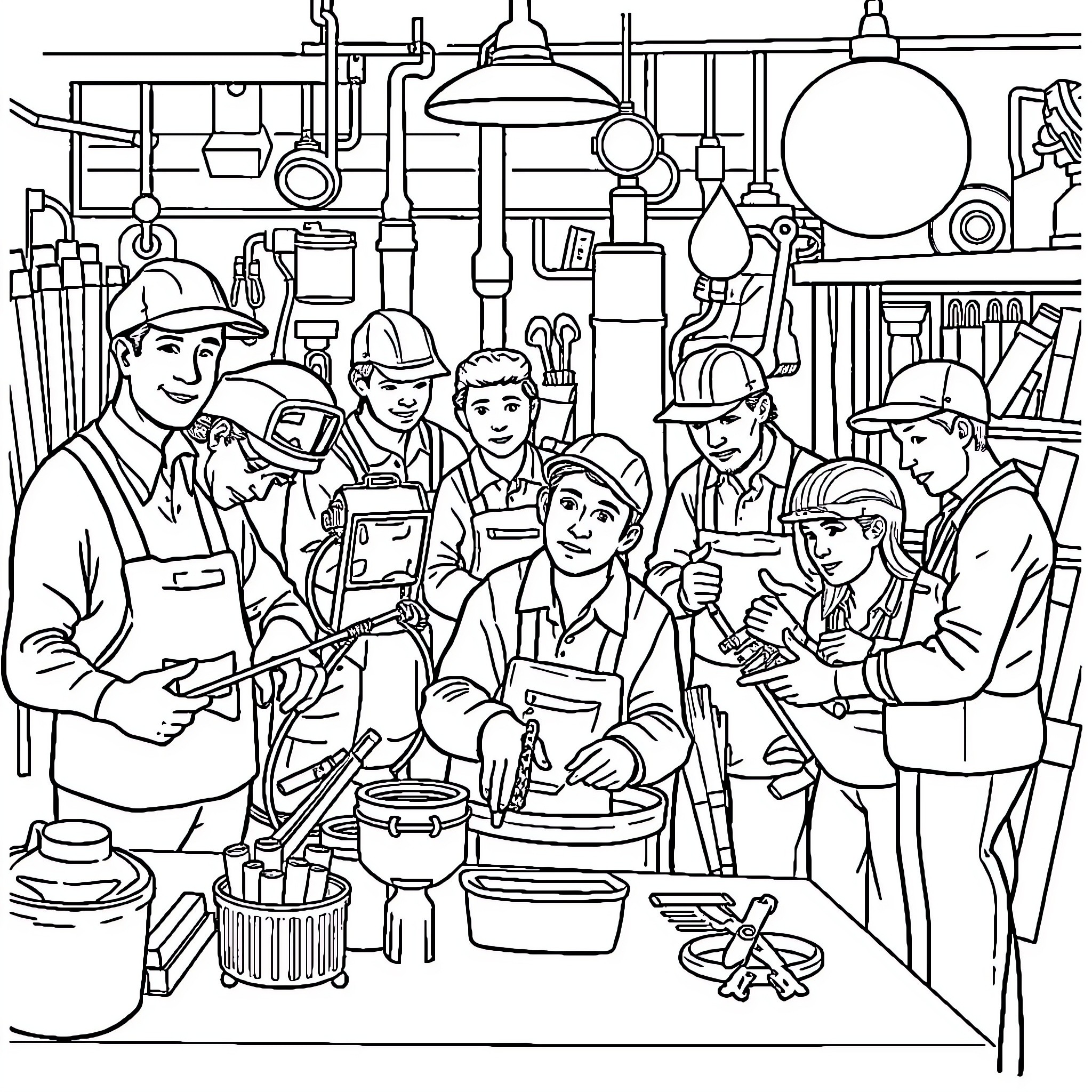 Occupation - Diverse workers in an industrial workshop Coloring Page (free black-and-white line drawing printable PDF for all, from beginners to advanced learners, including children, teens, adults, and seniors)