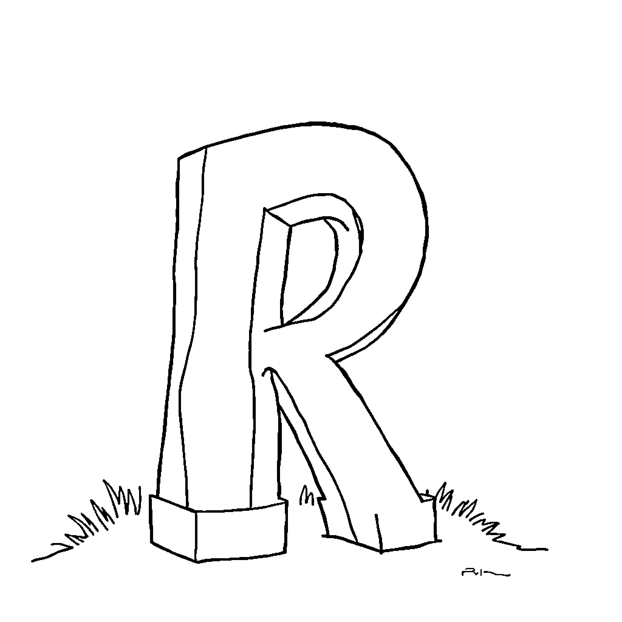 Resting letter R in the field Coloring Page (free black-and-white line drawing printable PDF for all, from beginners to advanced learners, including children, teens, adults, and seniors)