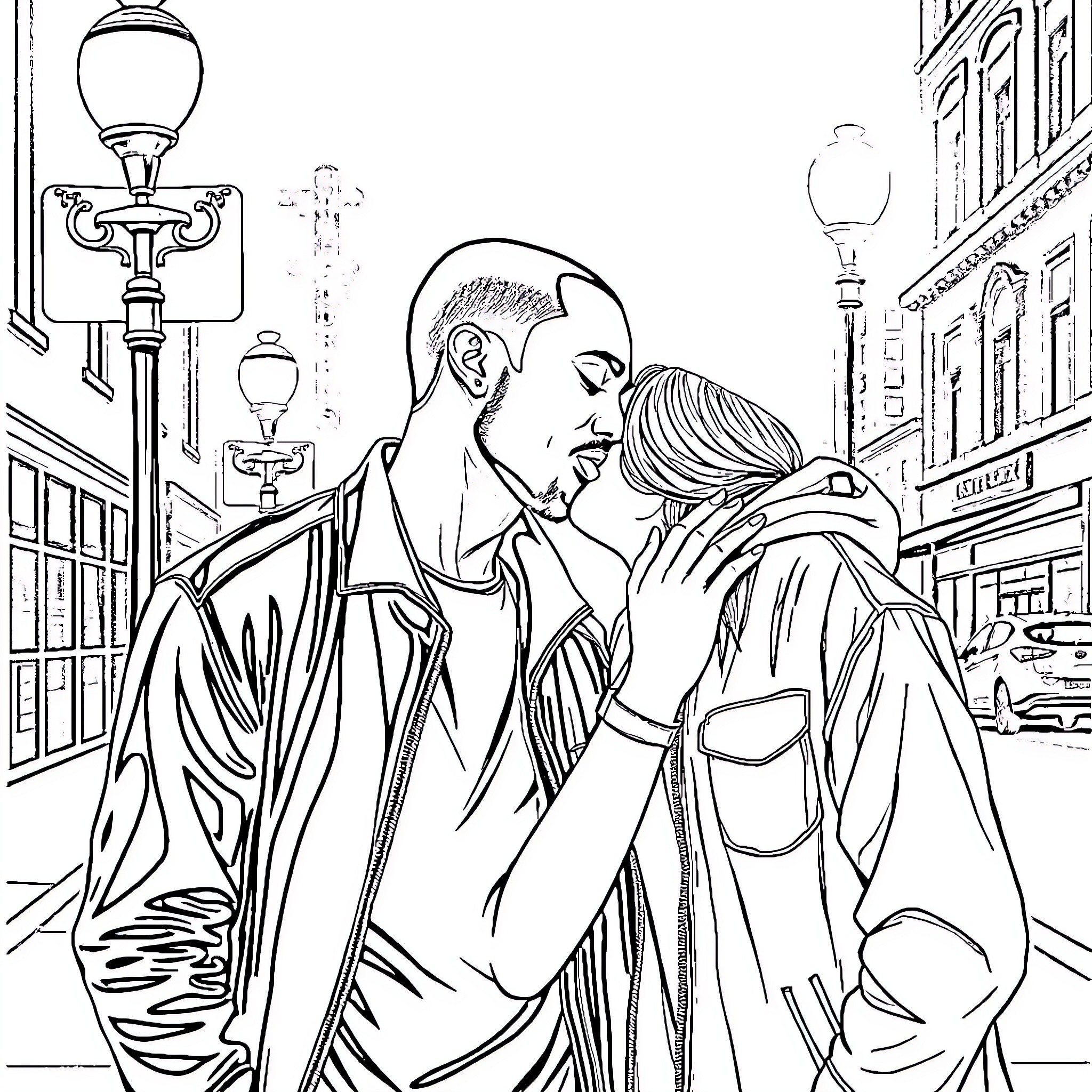 Malik Delgaty embracing a loved one in a city street Coloring Page (free black-and-white line drawing printable PDF for all, from beginners to advanced learners, including children, teens, adults, and seniors)