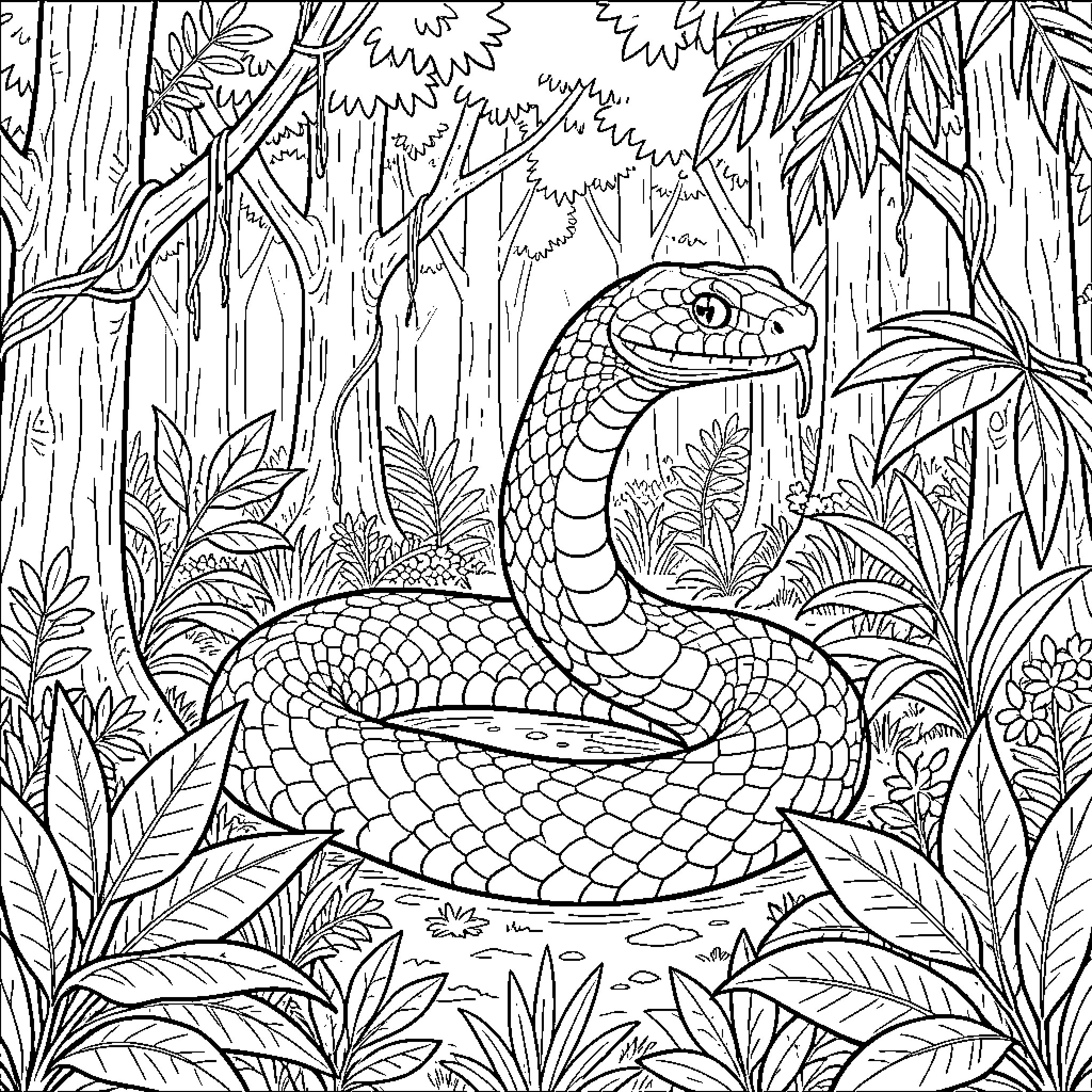 Serpent coiled among lush tropical jungle plants Coloring Page (free black-and-white line drawing printable PDF for all, from beginners to advanced learners, including children, teens, adults, and seniors)