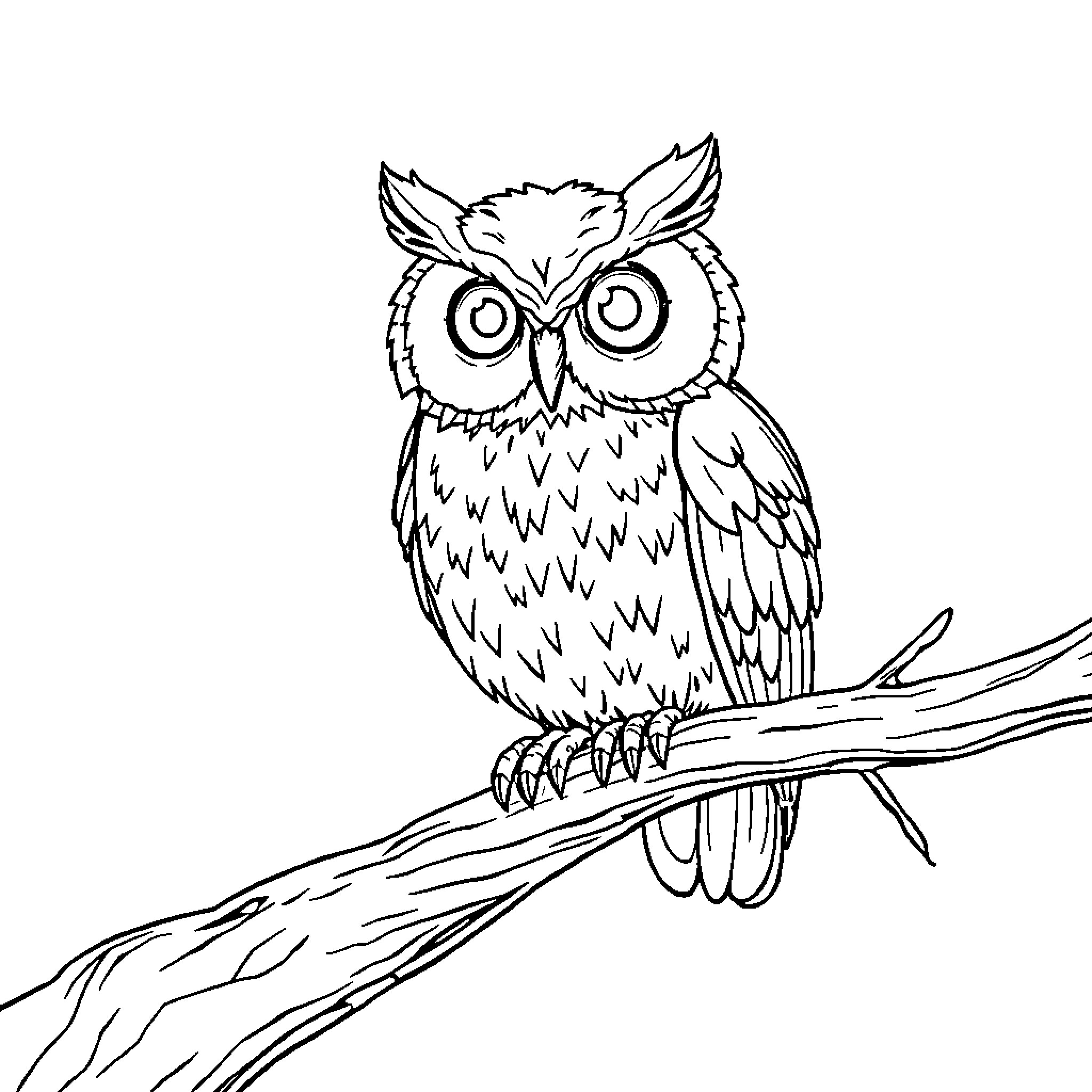 Owl perched curiously on a branch Coloring Page (free black-and-white line drawing printable PDF for all, from beginners to advanced learners, including children, teens, adults, and seniors)