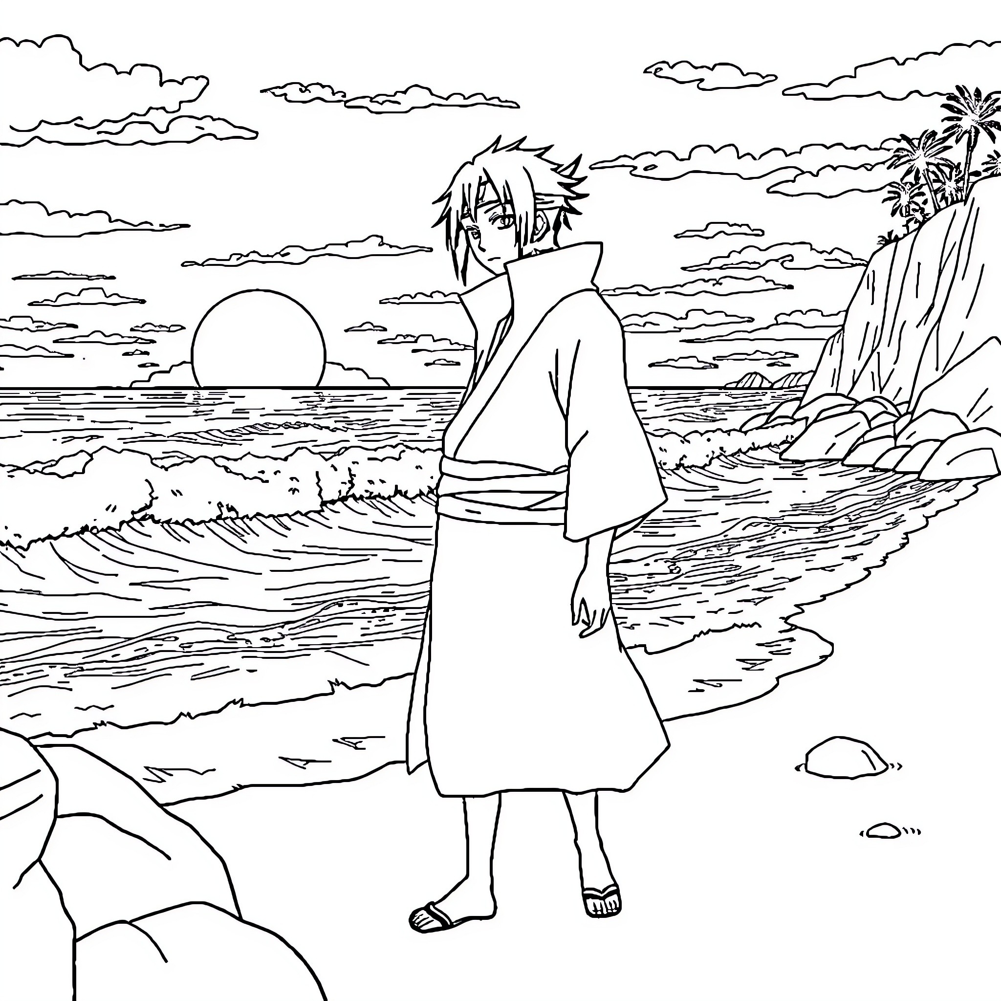 Itachi Uchiha contemplating on the beach Coloring Page (free black-and-white line drawing printable PDF for all, from beginners to advanced learners, including children, teens, adults, and seniors)