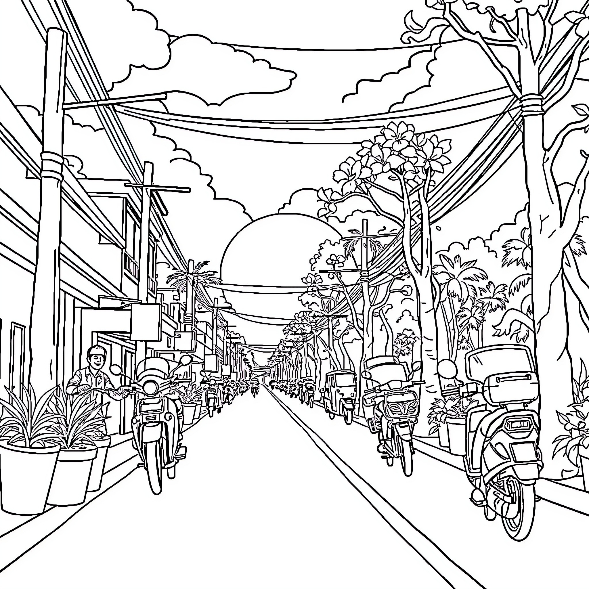 Vehicle-filled Street Scene with Foliage and Sunset Coloring Page (free black-and-white line drawing printable PDF for all, from beginners to advanced learners, including children, teens, adults, and seniors)