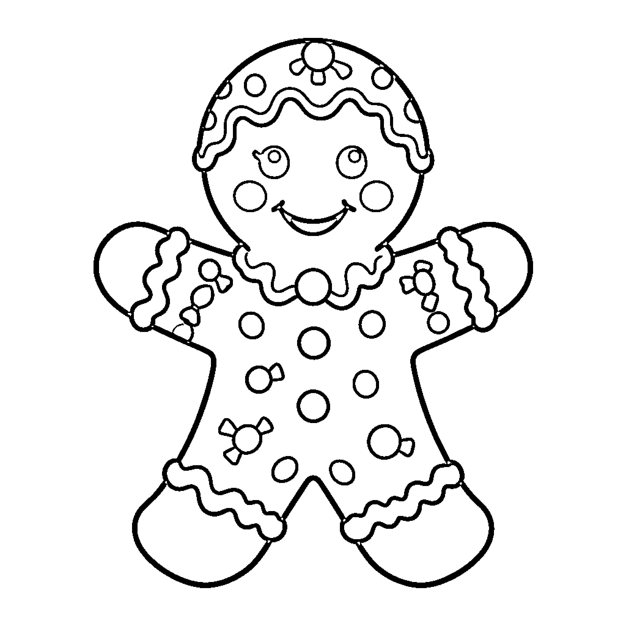 Gingerbread Man with Decorative Patterns Coloring Page (free black-and-white line drawing printable PDF for all, from beginners to advanced learners, including children, teens, adults, and seniors)