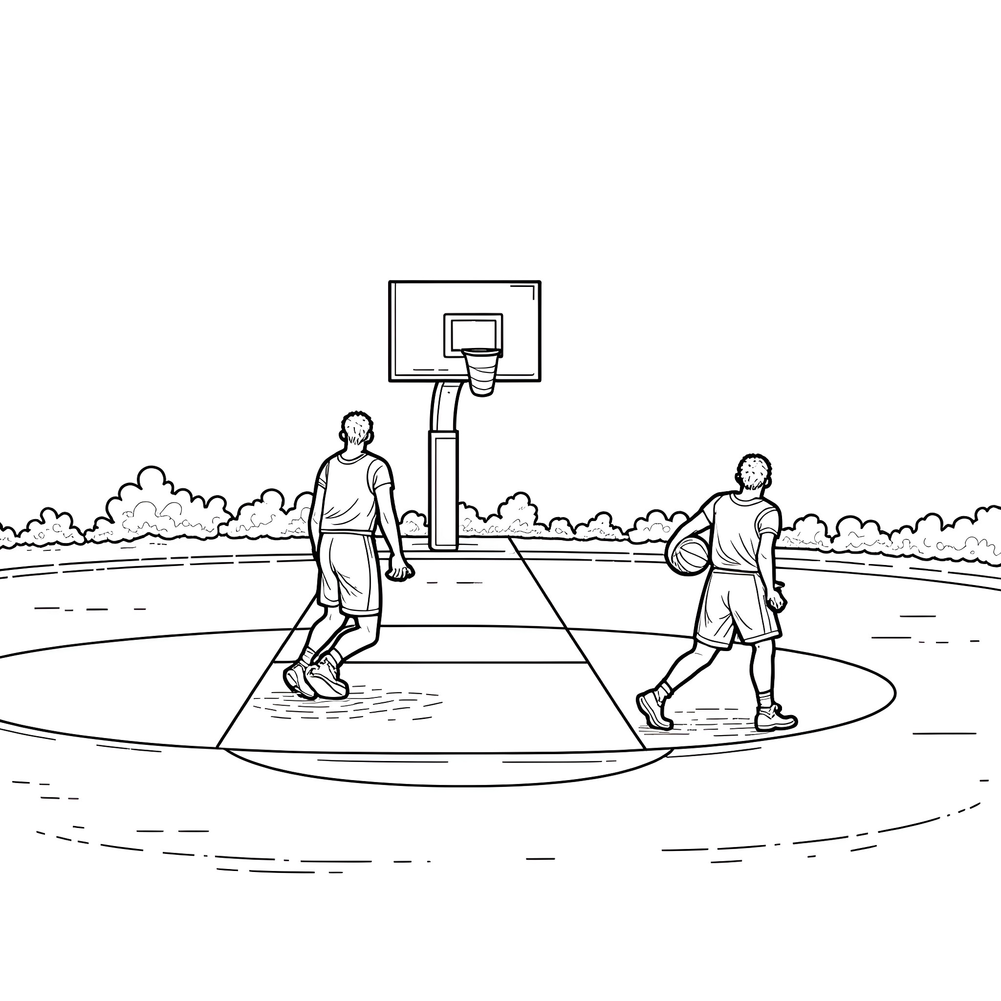 Basketball players dribbling and shooting on court Coloring Page (free black-and-white line drawing printable PDF for all, from beginners to advanced learners, including children, teens, adults, and seniors)