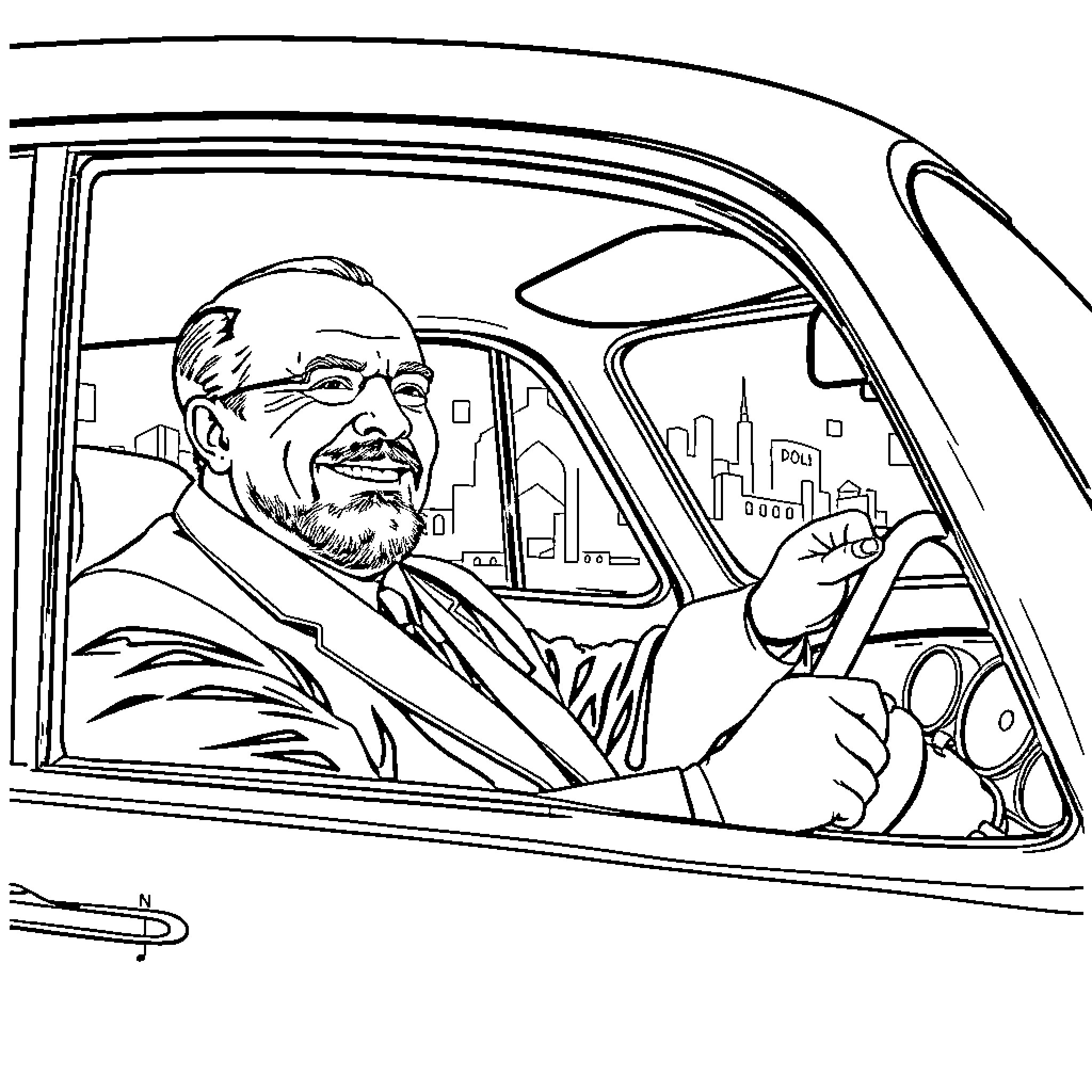 Vladimir Lenin Driving Automobile in City Coloring Page (free black-and-white line drawing printable PDF for all, from beginners to advanced learners, including children, teens, adults, and seniors)