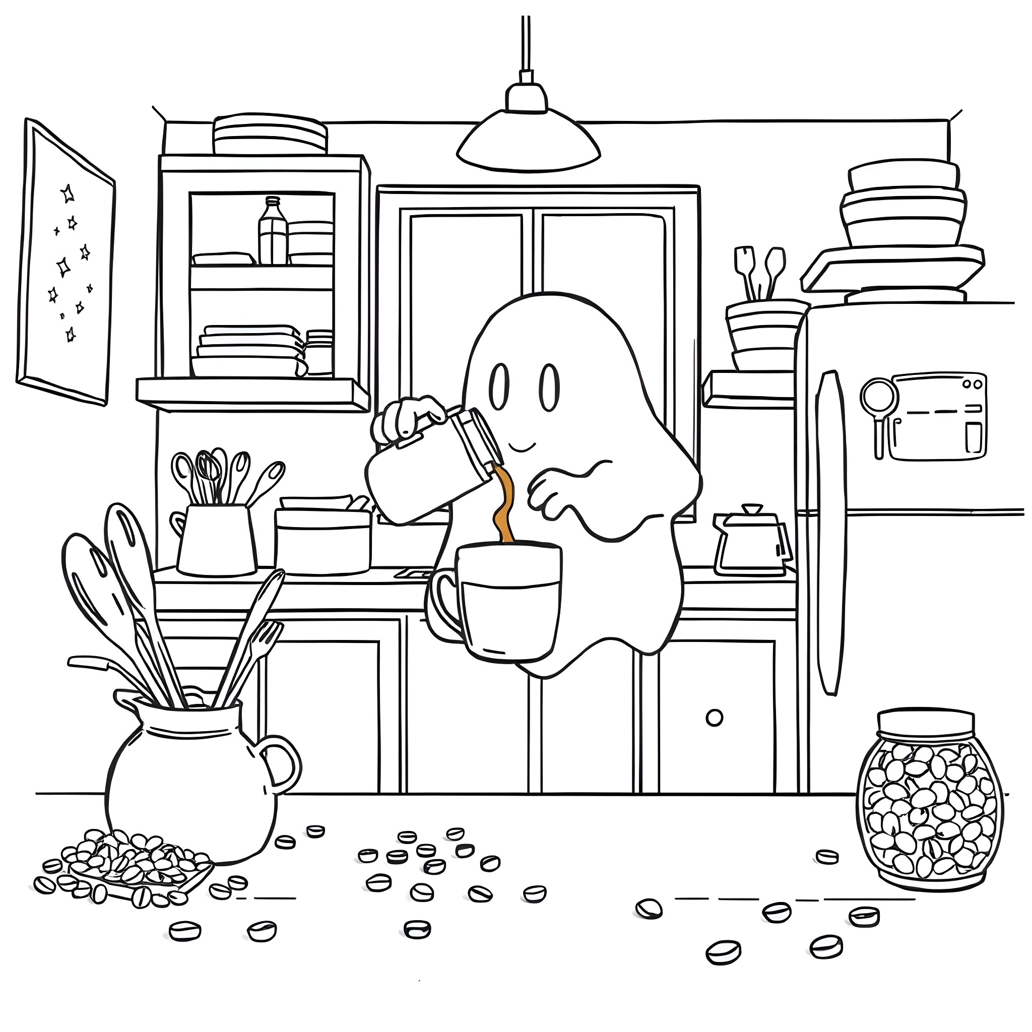 Ghost preparing a spooky meal in the kitchen Coloring Page (free black-and-white line drawing printable PDF for all, from beginners to advanced learners, including children, teens, adults, and seniors)